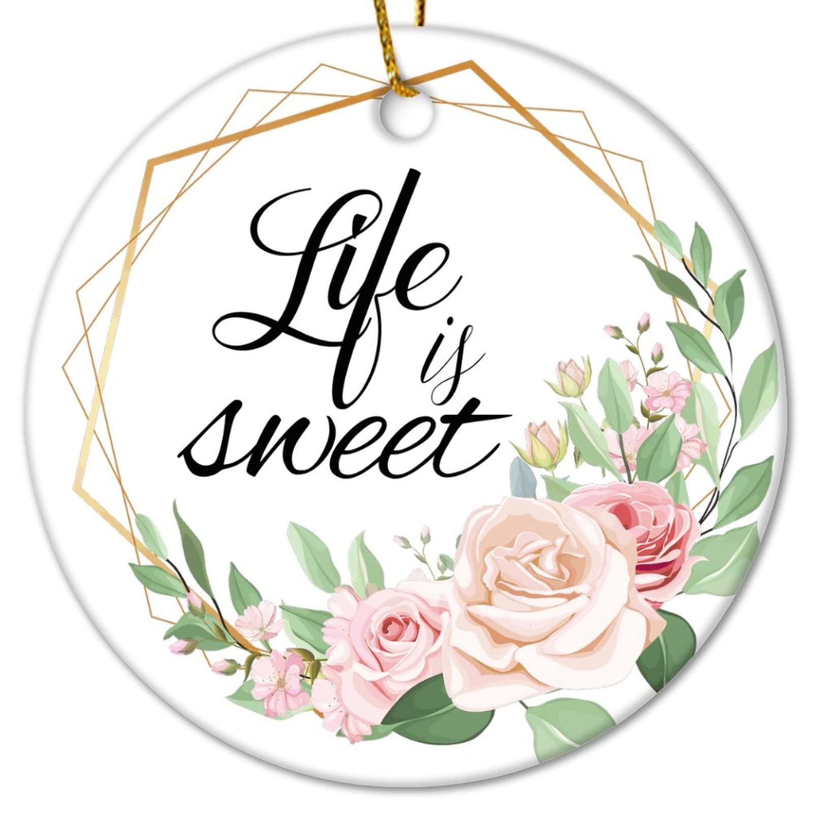 Adorno de cerámica de Navidad con texto en inglés "Live Is Sweet", corona de cerámica para recuerdo de Navidad, corona de Navidad personalizada, vintage, Let It Snow, recuerdo de Navidad, adorno para