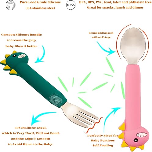 Miniatura 2 de Utensilios para niños, juegos de tenedores y cucharas para bebés, cubiertos para niños con mango de silicona, cucharas de dinosaurio para niños