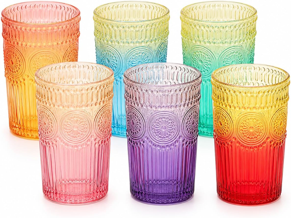 Glass Family Vintage Glassware Drinking Glasses Set of 6, 12 oz Colored Embossed Glass Cups, Ribbed Water Tumblers for Juice, Cocktails, Iced Coffee, Tea, Milk, Gift for Women image 2
