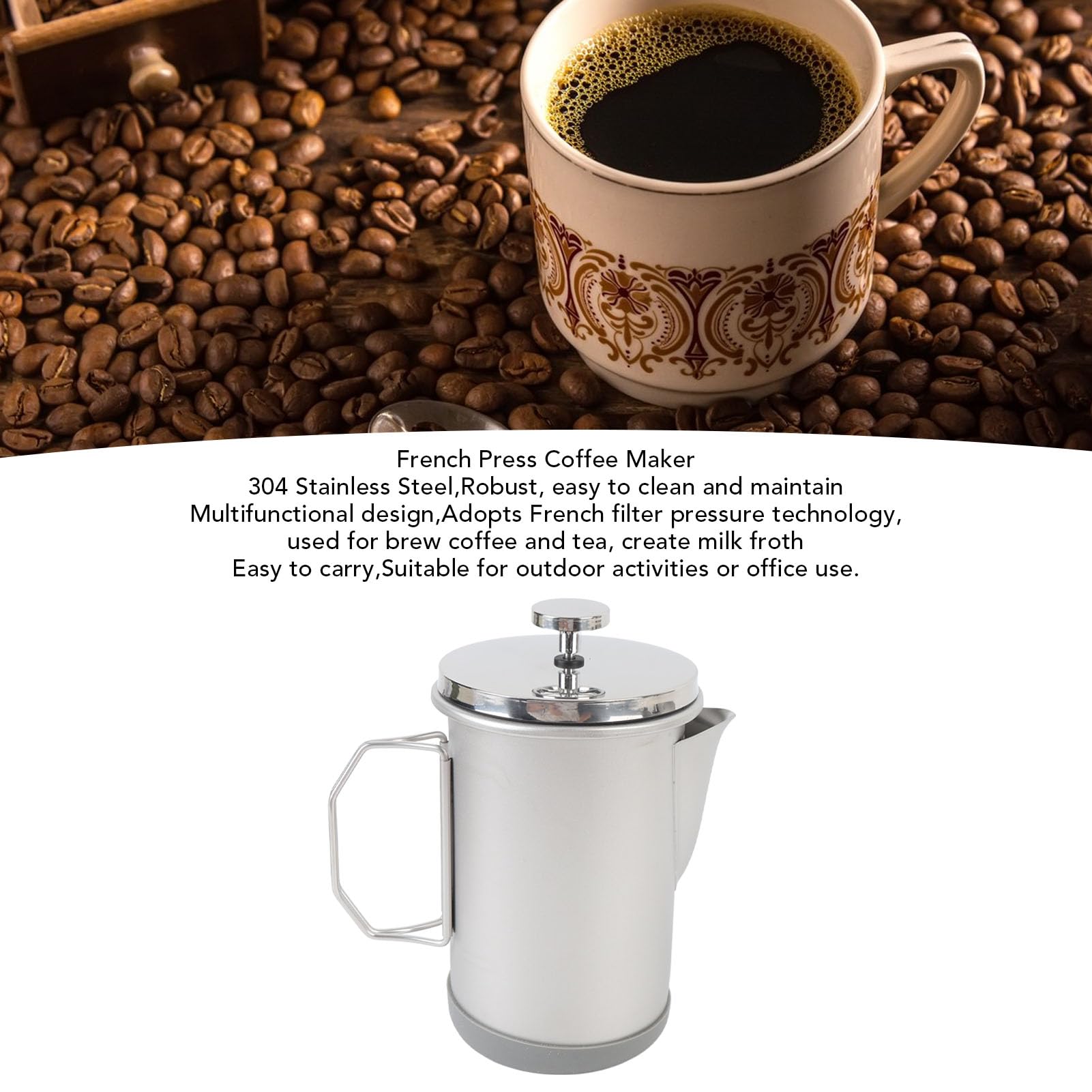 de Prensa Francesa, 1000 Ml / 33 Oz Portátil de Acero Inoxidable 304 Hecha a Mano, Espresso y Prensa de té para Viajes de Camping (SILVER)