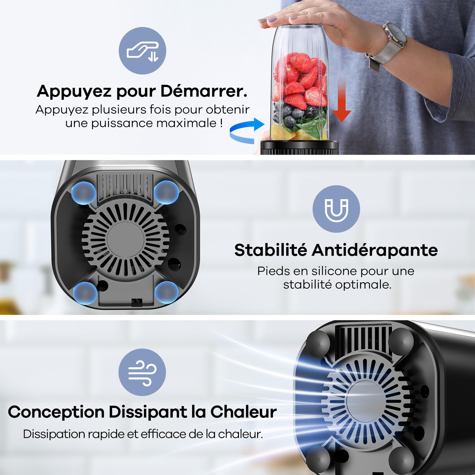 Ganiza Smoothie Maker 900W, Mini Blender avec 25000 tr/min, 3 Gourdes Tritan To-Go (300ml, 500ml & 700ml), 4 Lames Asymétriques, pour Tous Types de Shakes et Smoothies, Argent/Noir