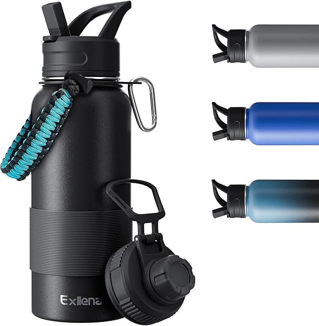 Exllena Metal Water Bottles with Two Lids, Double Insulated Water Bottles 1L with Silicone Sleeve and Paracord Handle Practical - Black