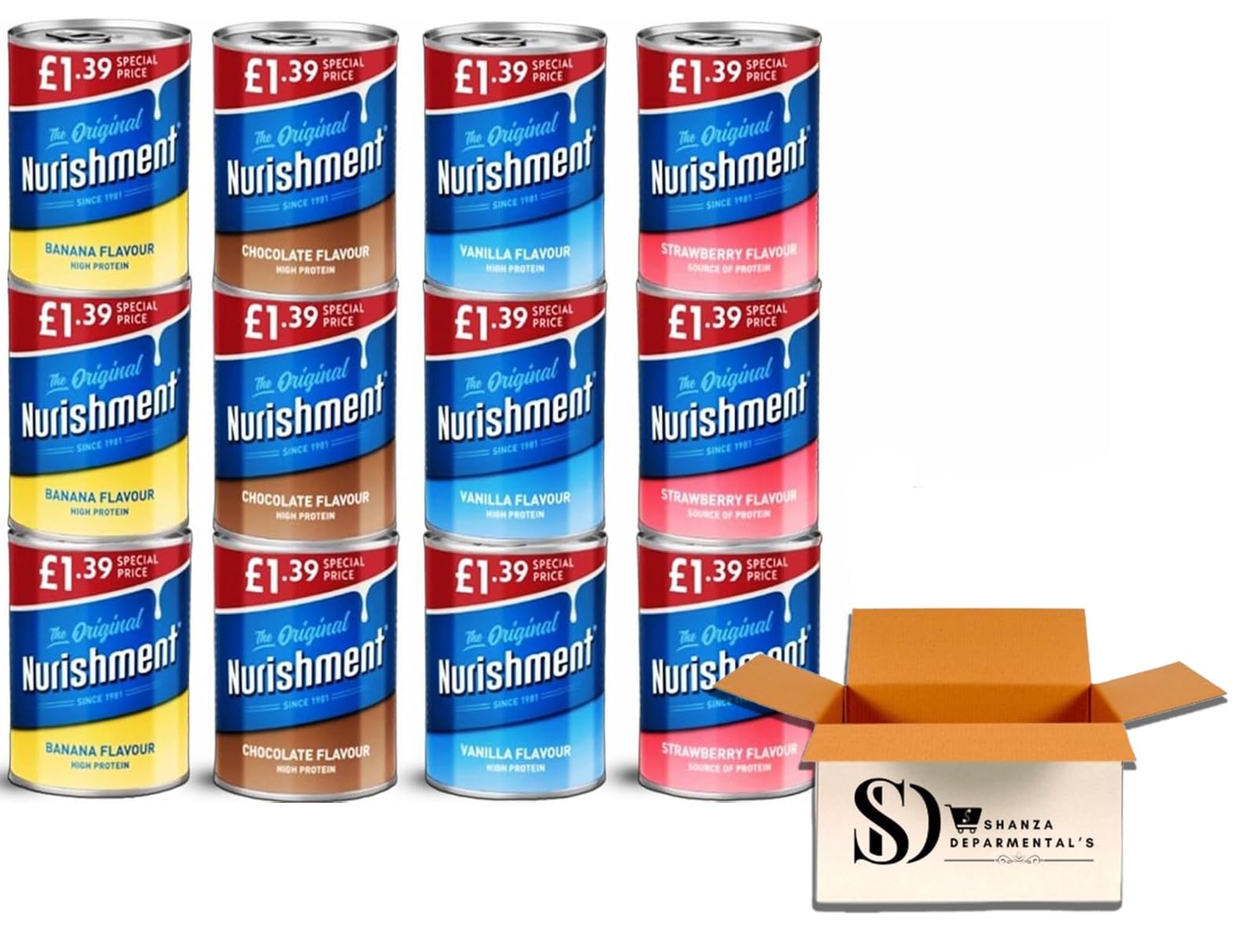 The Original Nurishment Protein Drink – 4 Flavours Variety Pack (Vanilla, Strawberry, Chocolate & Banana) High Protein, Source of Energy 400g (12 Packs – 3 of Each Flavour)