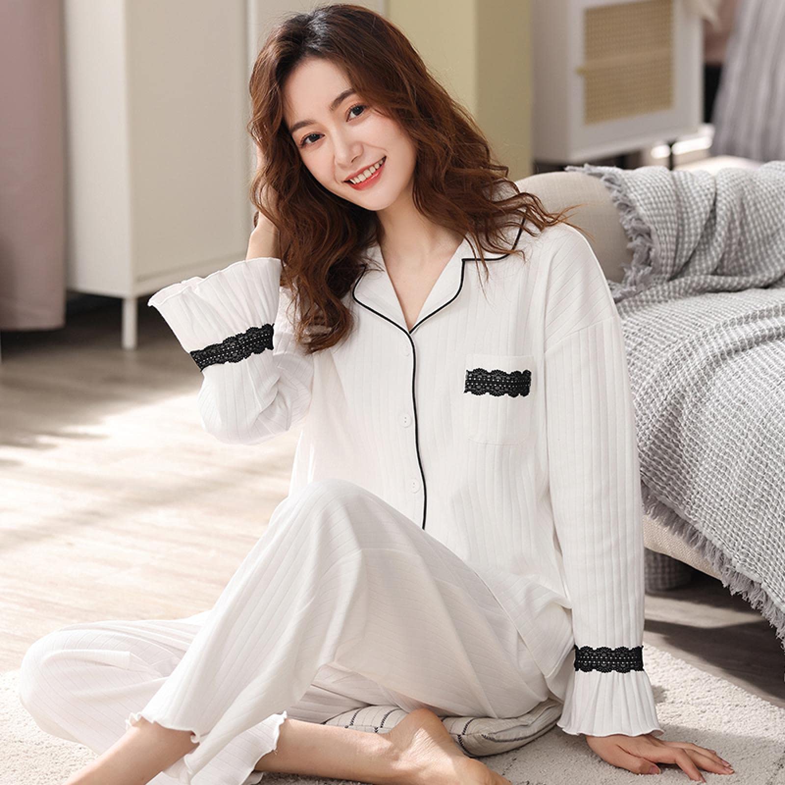 Un Pijama Cómodo Pijamas De Mujer Pijamas De Mujer Pijamas De Mujer Conjuntos De Pijamas De Algodón 100% 2 Piezas Pijamas Ropa De Dormir Femenina para El Hogar Casual,White-XXL