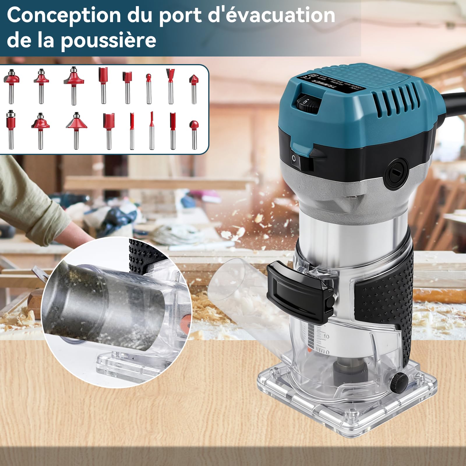 Défonceuse à bois électrique 800W, Affleureuse Défonceuse 6 vitesses Variables 5000-30000RPM, avec pare-poussière, mandrin à 6,35 mm et 8 mm, Pour le détourage, le fraisage et la sculpture