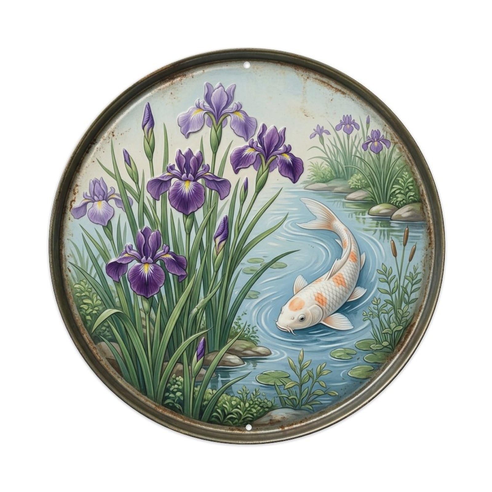 Iris Pond Purple Koi Fish Vintage Metal Tin Sign Plaque Wall Decor for Cafe, Club Bar, Office, Garden Metal Poster 8x8Inch