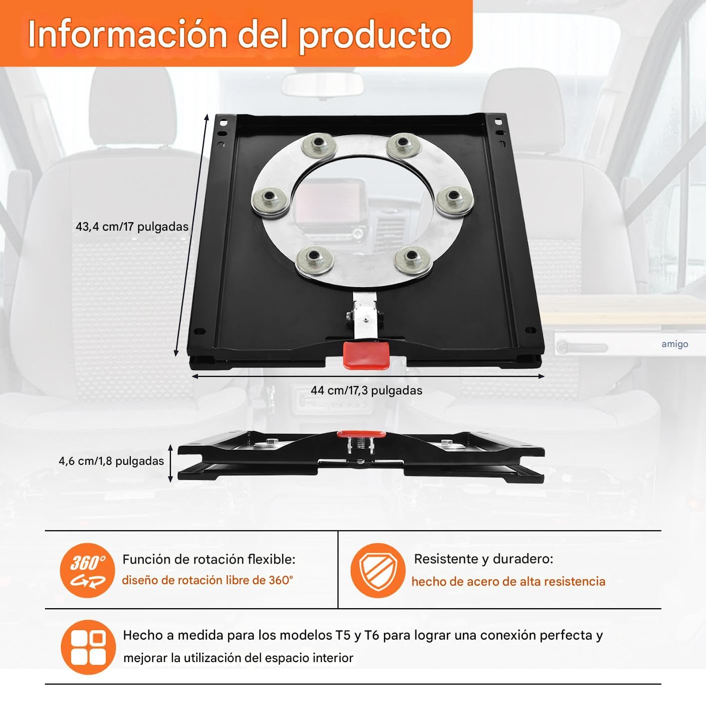 Asiento de consola giratoria para T5, T 6 360° Asiento con consola giratoria sostener 200 kg Trabajo pesado Base giratorias del asientos para caravanas,vehículos comerciales y furgonetas
