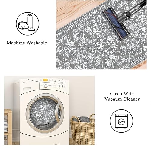 Miniatura 7 de Pauwer Alfombra de pasillo vintage, antideslizante que no desprende pelusa, alfombra de pasillo de lana sintética, lavable de pelo bajo, alfombra
