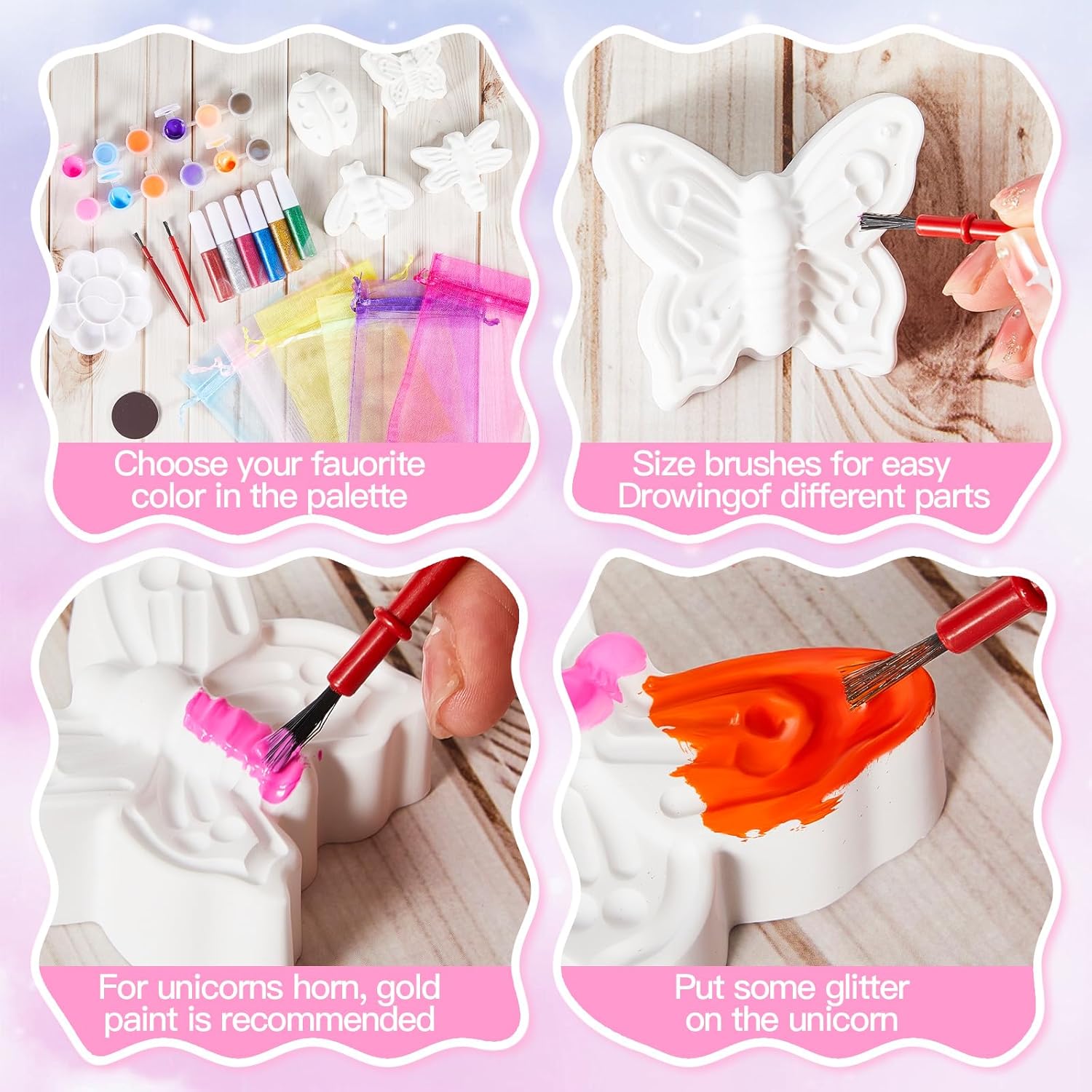 Gemscream 60 Pcs Plaster Painting Fairy Art Party Favors for Kids DIY Statues Craft Butterfly Insect Activities Birthday Supplies with Magnet Brushes Palette Organza Bag Gifts