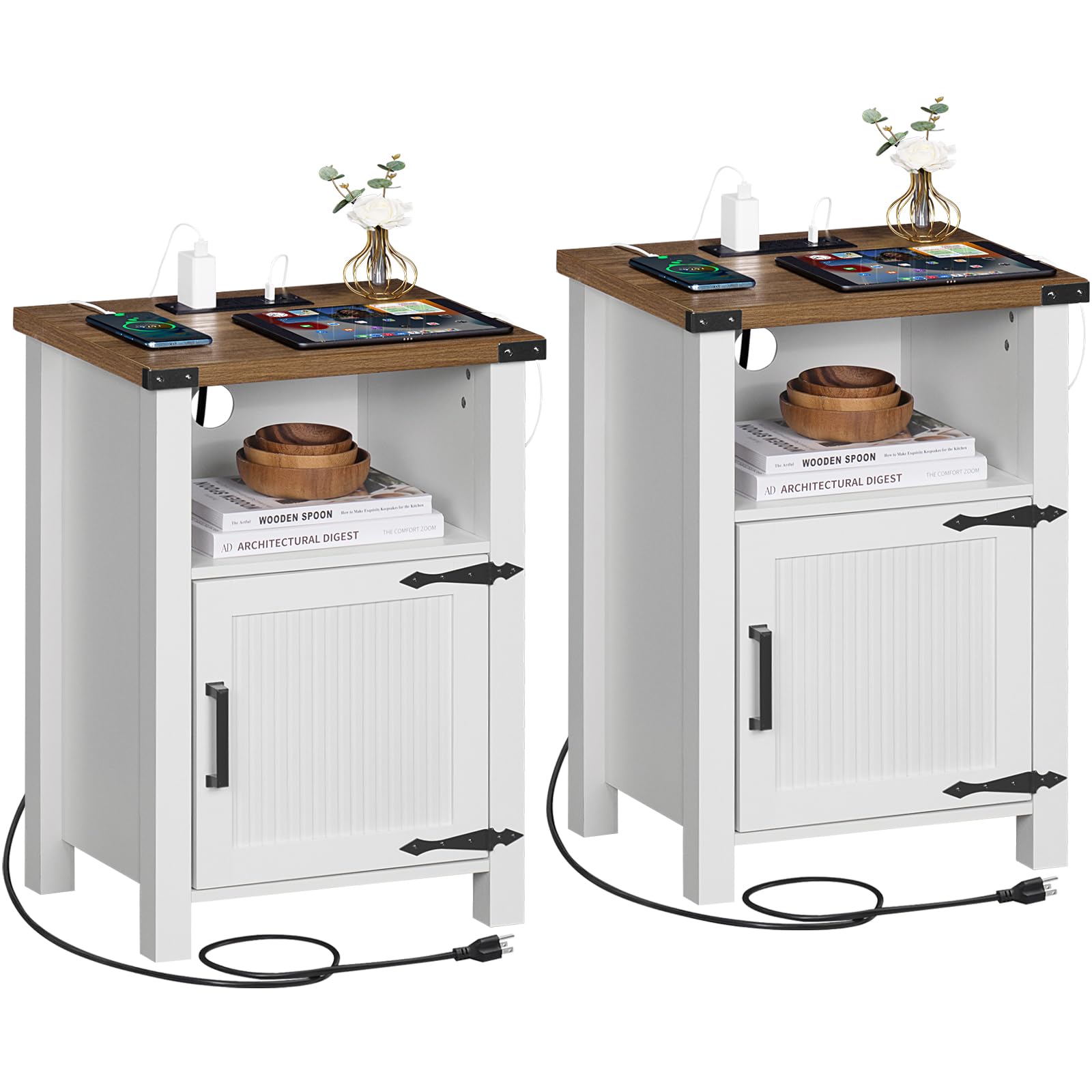 Joaxswe Antique White Nightstand Set of 2, 18 Inch Farmhouse Night Stand with Charger Station and USB Port, Modern Couch Side Table with Magnetic Door