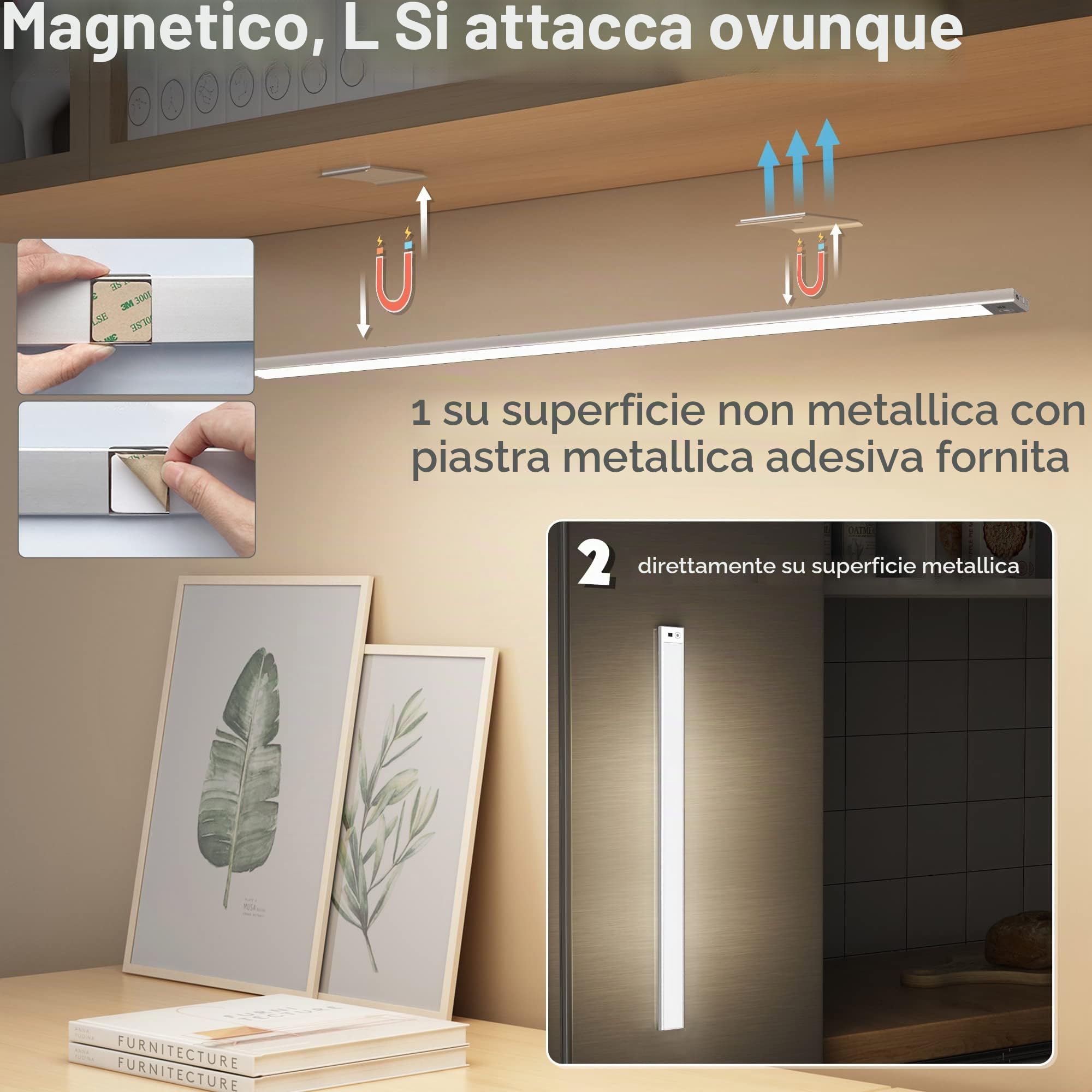 60cm Luce LED Sottopensile con Sensore Movimento a Mano,Barra Luminosa Ricaricabile USB 4500mAh 3Colori Dimmerabile,LED Magnetica Funzione Memoria Senza Fili per Cucina,Armadio,Bagno