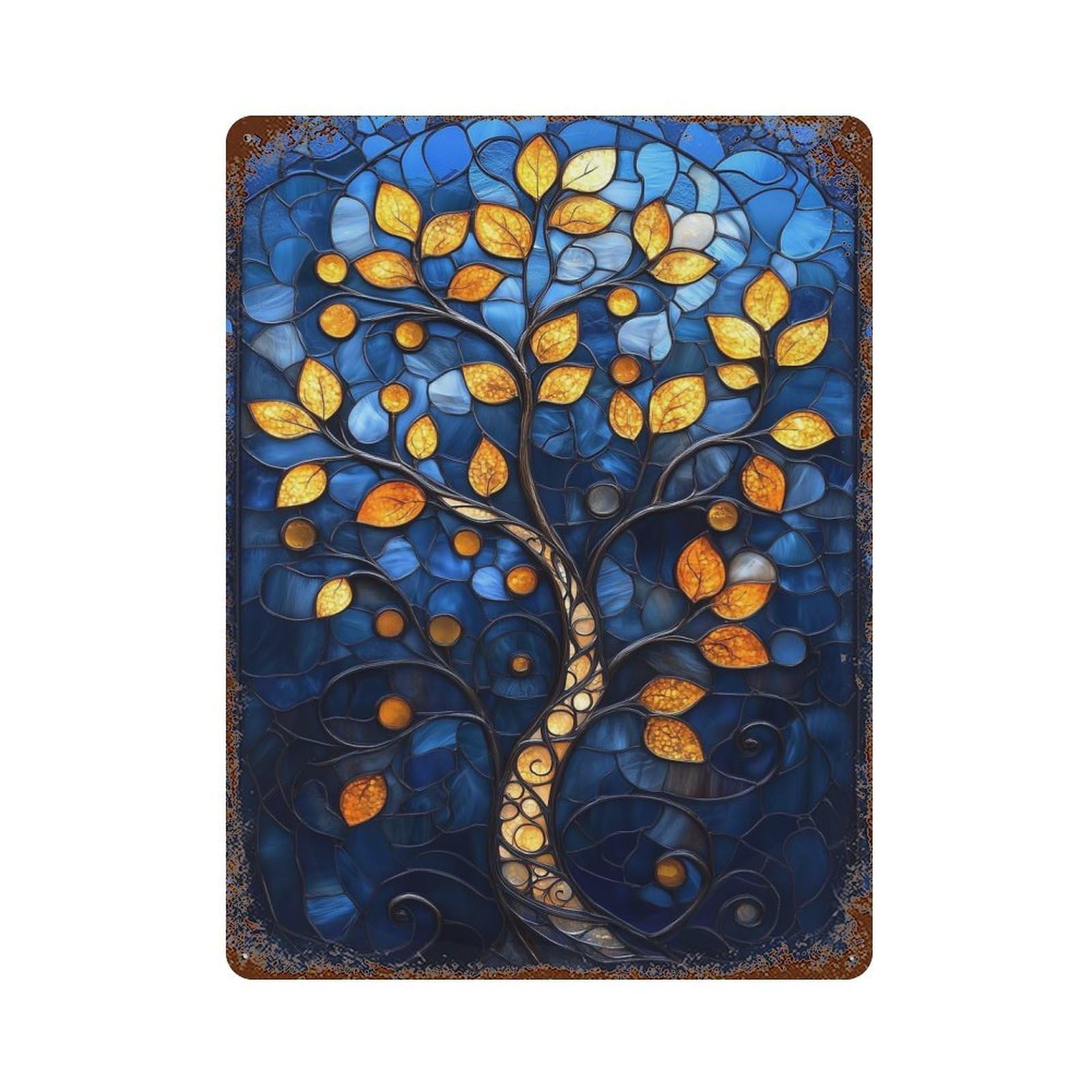 Distressed Metal Wall Sign with Stained Glass Tree Design 15.7"x11.8", for Living Room, Hallway And Home Decor, Vintage Wall Decor