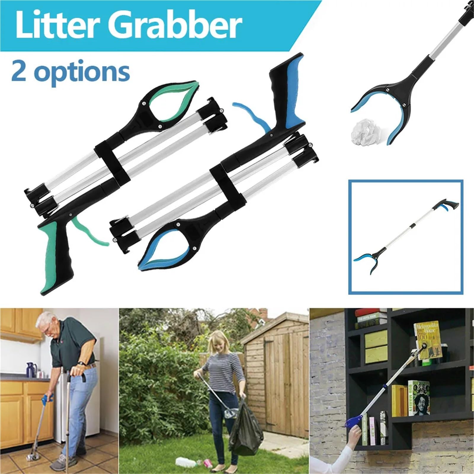 Recogedor Pinza Superior Recogedor de Basura, Palo Plegable Que Ayuda a agarrar la Mano, Herramienta portátil for Recoger Basura con mandíbulas Antideslizantes, Giratorio de 360 ​​Grados(Blue)
