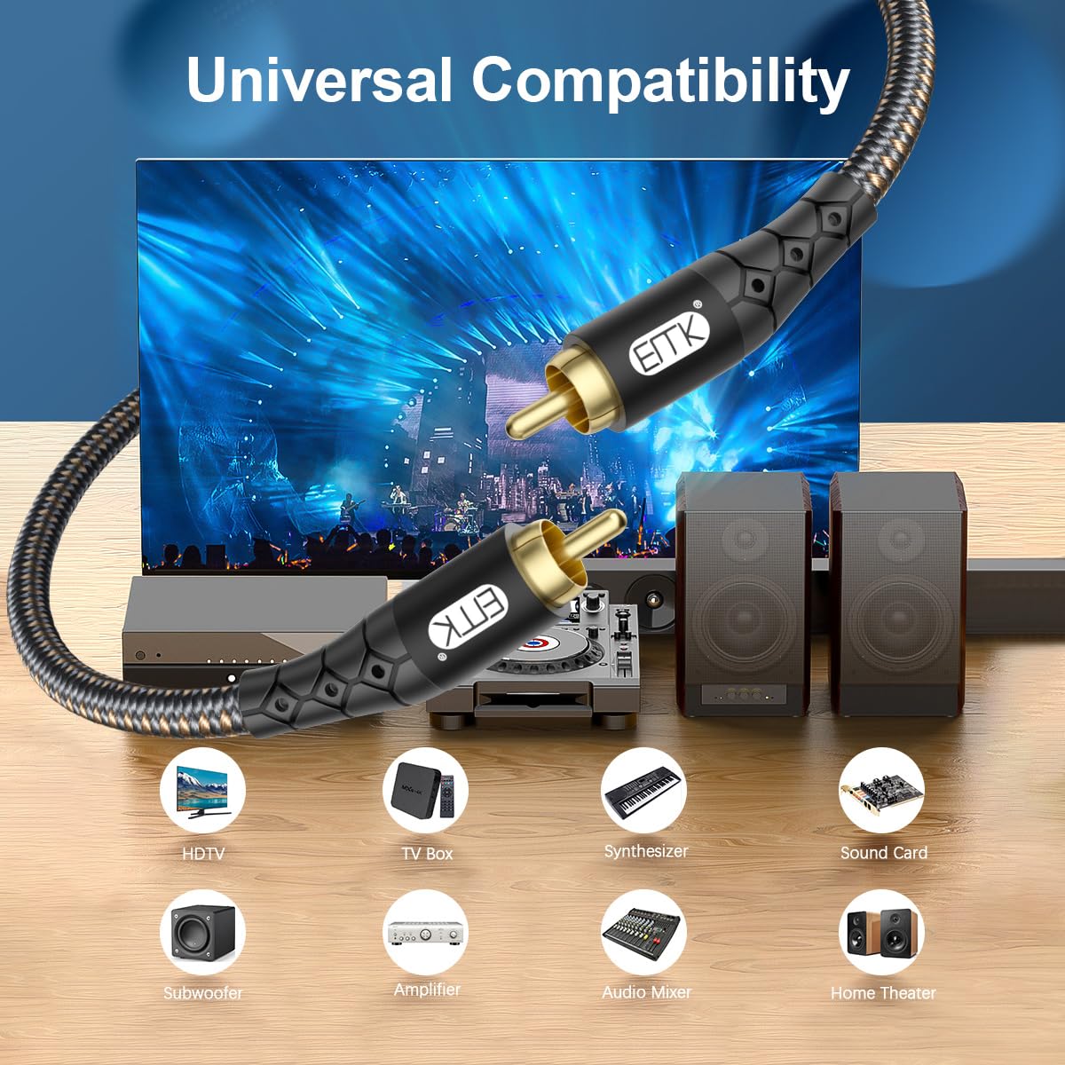 EMK Cable de subwoofer RCA a RCA – Conector chapado en oro de 24 quilates de nailon trenzado de doble blindaje, cable de audio digital y analógico, soporte de señal para amplificadores, subwoofer