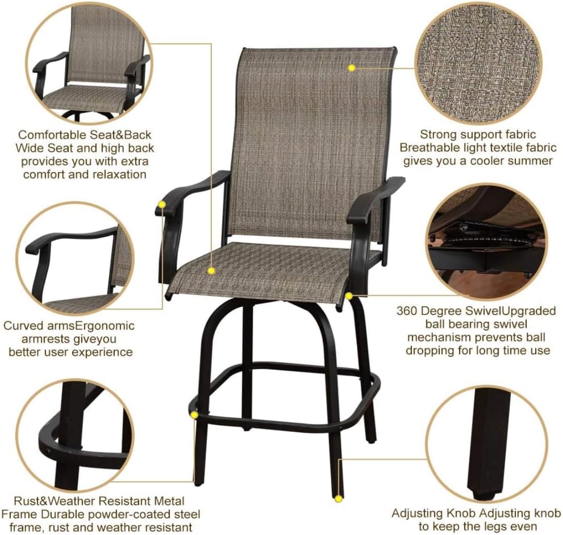 5 Piece Outdoor Bar Stools Set - 4 Bar Height Swivel Patio Chairs & 1 High Bistro Table w/Umbrella Hole - All Weather Textilene High Top Patio Table and Chairs Set (Brown, Set of 5)
