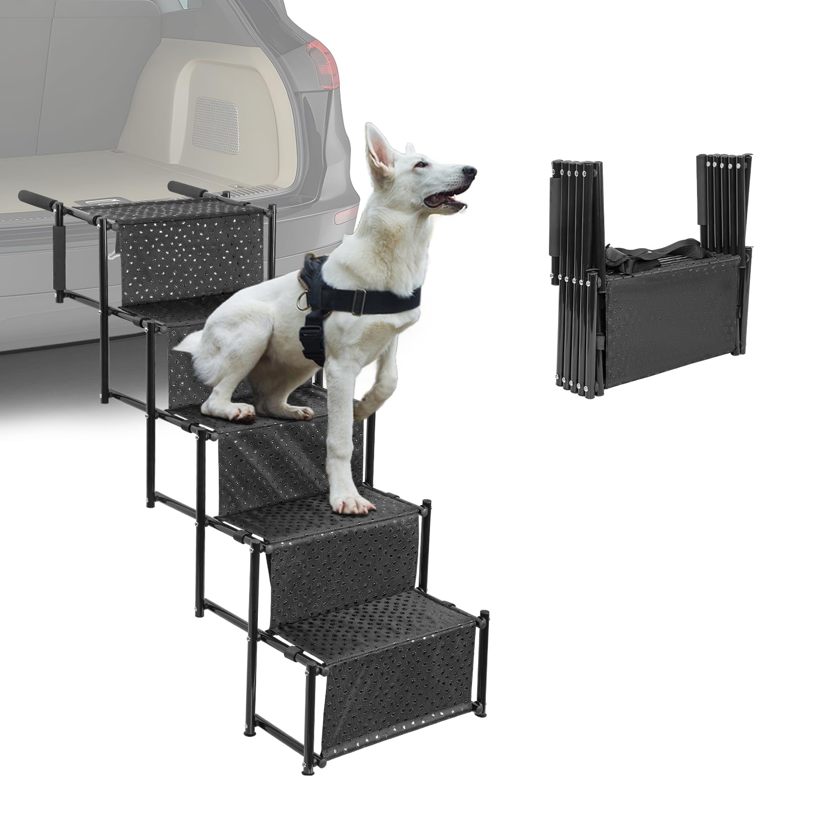 OUUTMEE 5-stufige Hunde-Autotreppe, Klappbar Hunderampe mit Rutschfester Oberfläche, Hundetreppe für Kleine und Große Hunde bis 80 kg, für Autos und SUVs