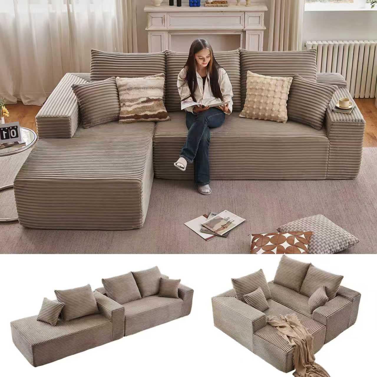 96" Modular Sectional Sofa, Modern Corduroy Cloud Couch with Deep Seat, Boneless Couch Upholstered 3-Seater L-Shaped Sofa for Living Room, No Assembly Required (Camel, Left-Facing Chaise)