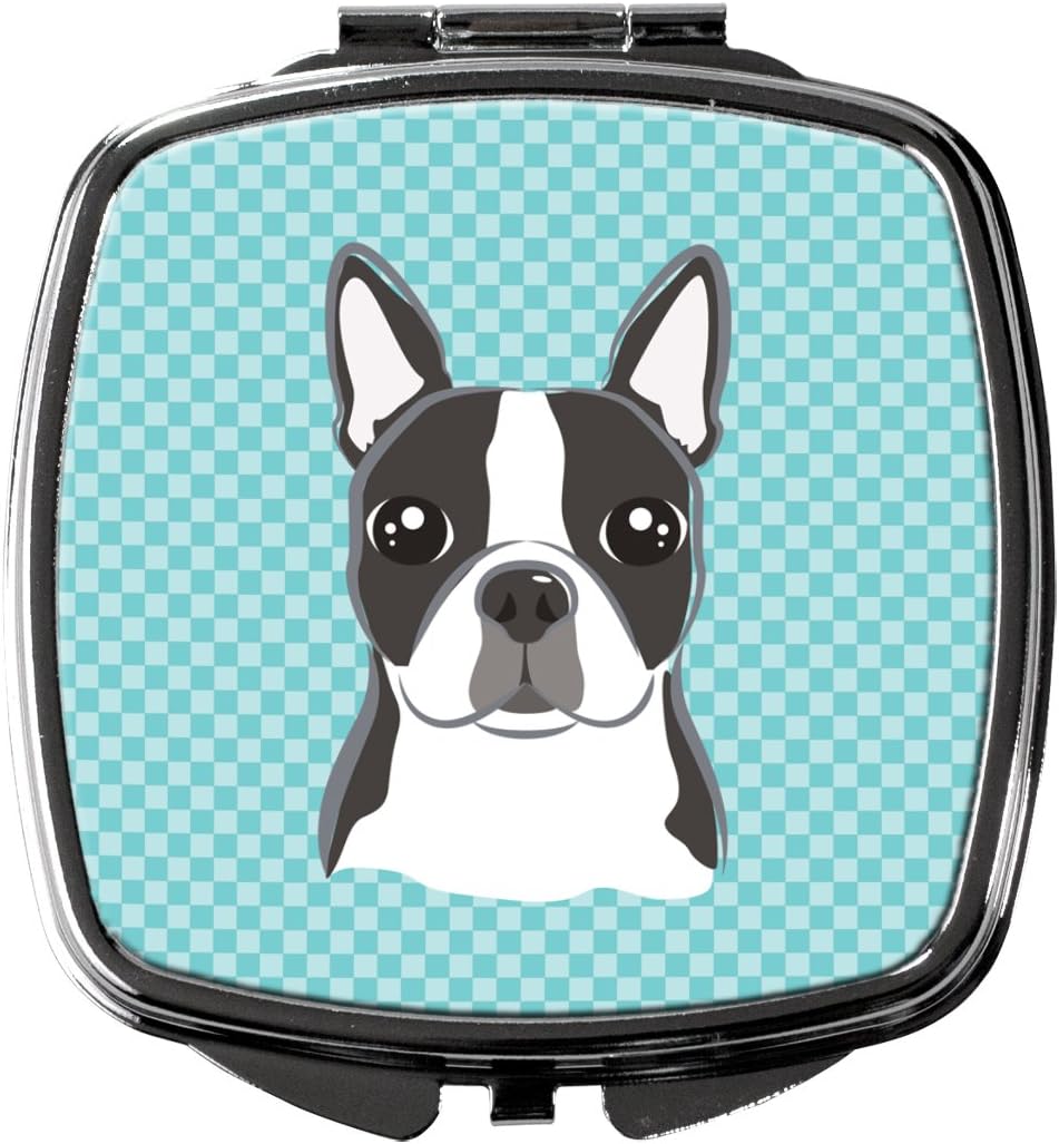 Caroline's Treasures Checkerboard Blue Boston Terrier Compact Mirror