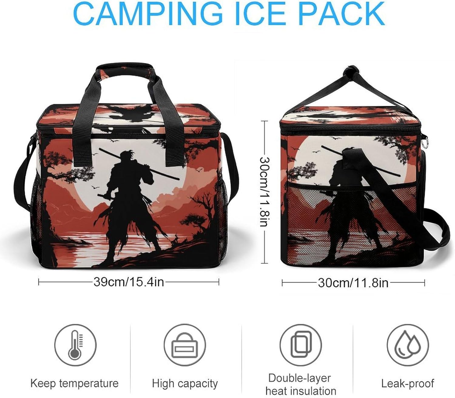 Large Capacity Oxford Cloth Samurai Printed Camping Ice Bag, Outdoor Portable Insulation and Cooling Bag, Suitable for Outdoor Camping and Picnics
