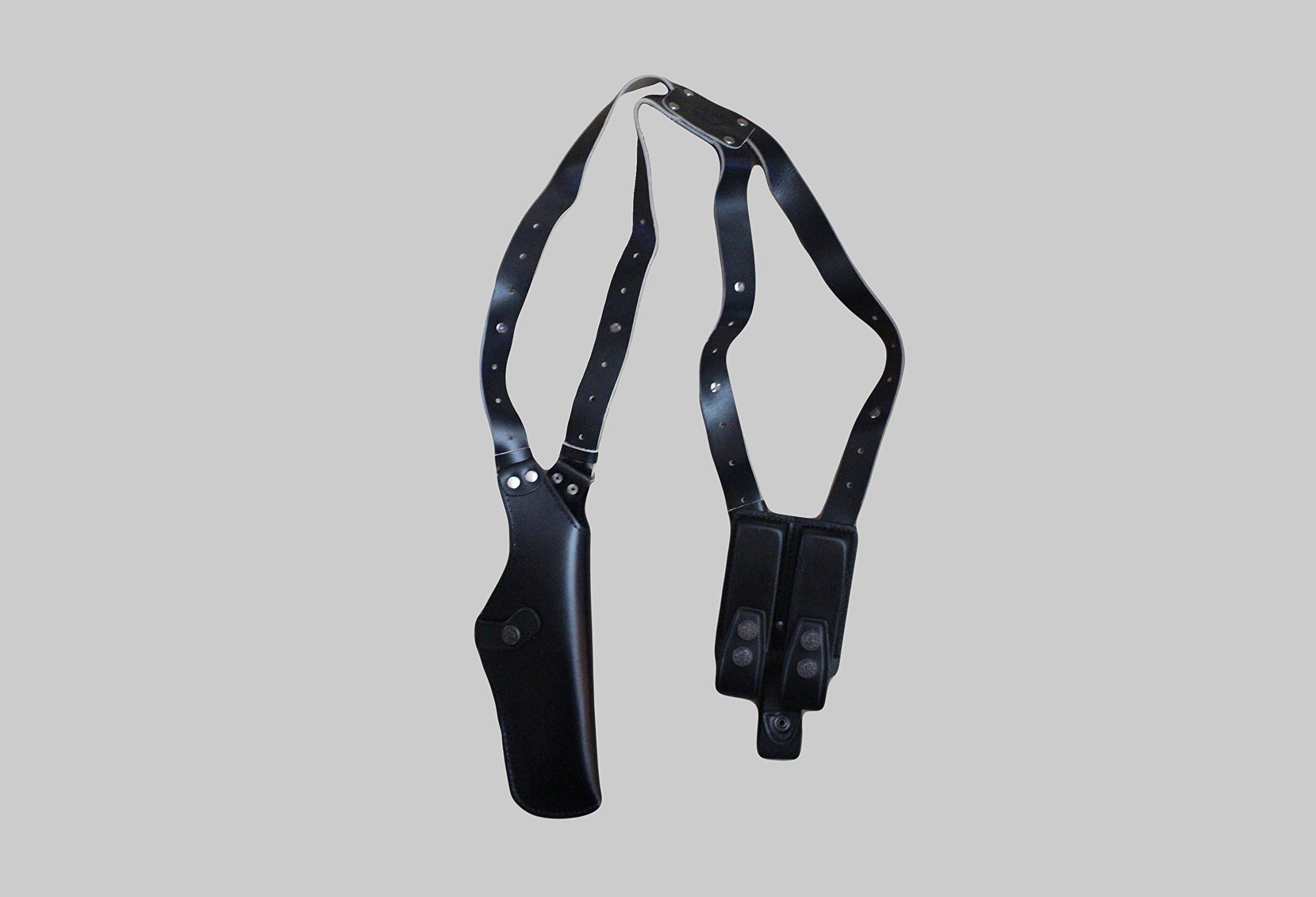 K45303 Leather Vertical Shoulder Holster with Double Magazine Pouch Soft Fabric Interior Lining Colt 1911 up to 5" RH Handmade! Free Extension for Big Body Size! (Black)