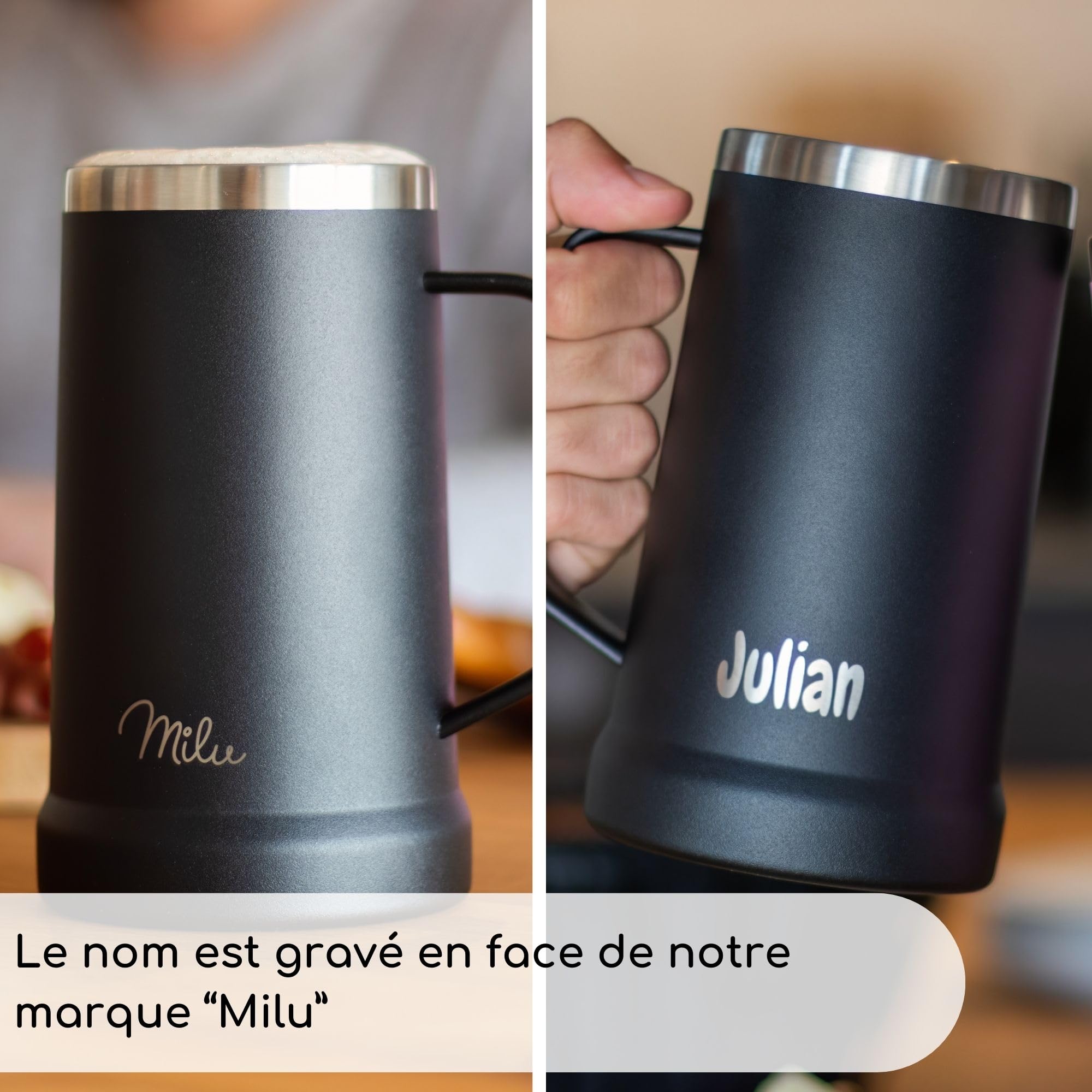Milu chope de bière acier inoxydable avec gravure | Verre à bière blanche isolant reste fraîche | Tasse à boire avec couvercle amovible | cadeau pour hommes (700ml + gravure)