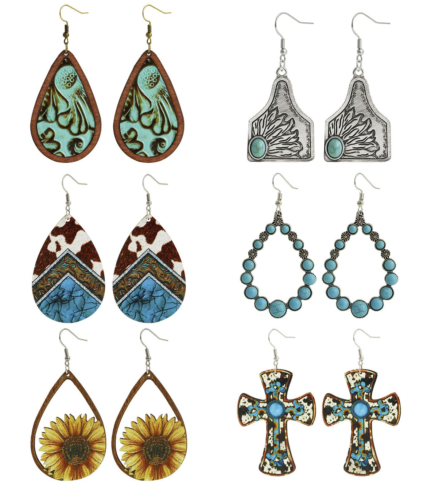 Western Earrings Western Jewelry For Women Boho Turquoise Earrings Cowgirl Hippie Accessories Leather Wooden Earrings Drop Earrings For Women 6 Pairs, Leather, artificial