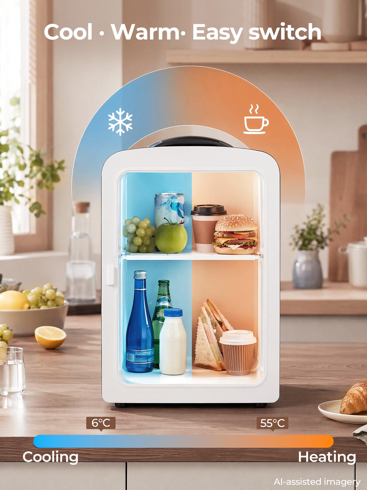 FOHERE Mini frigo da Camera, 4L Frigorifero Piccolo, 220V CA/12V CC, Raffreddamento e Riscaldamento, Nero
