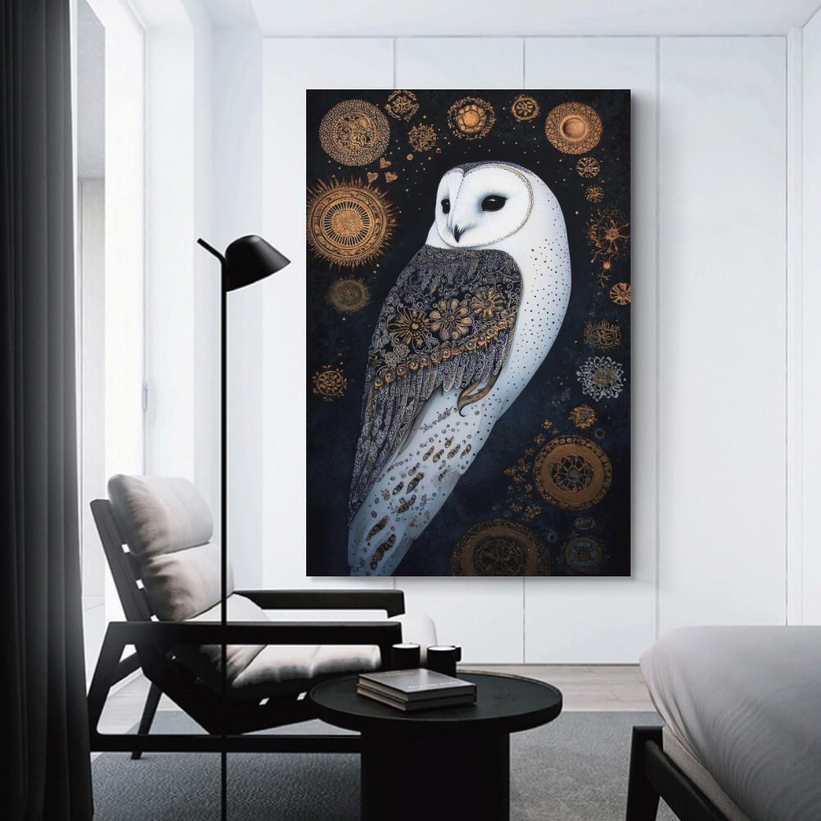 Junmoney Ornate Owl with Golden Celestial Ornaments Canvas Art Print 20x30inch(50x75cm), for Entrance Spaces, Stair Walls Or Halls, Wall Decor to Refresh Empty Corners