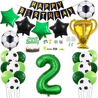 Daimay 29PCS Soccer Birthday Party Decoration Sports Theme Football Party Supplie Champion Trophy Foil Balloon 2nd Happy Birthday Banner Green White Black Soccer Balloons Cake Topper for Soccer Fans