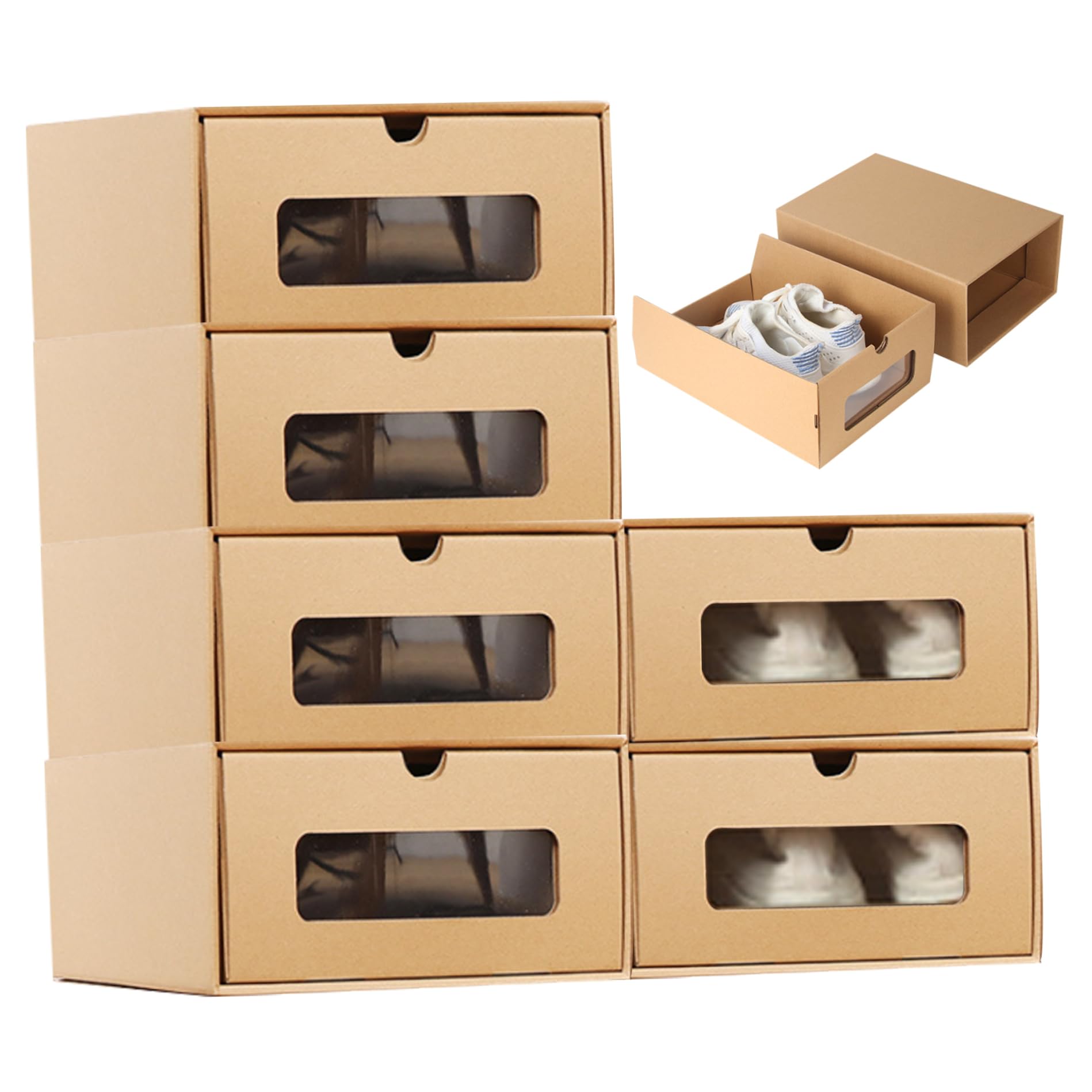 Hperu Men's 13.78X9.06x5.31 Inch. Stackable Shoe Boxes, 6Pcs Cardboard Shoe Storage Boxes With View Window, 13.78X9.06x5.31 Inch Stackable Organizer For Shoes Files And Toys, Drawer Design