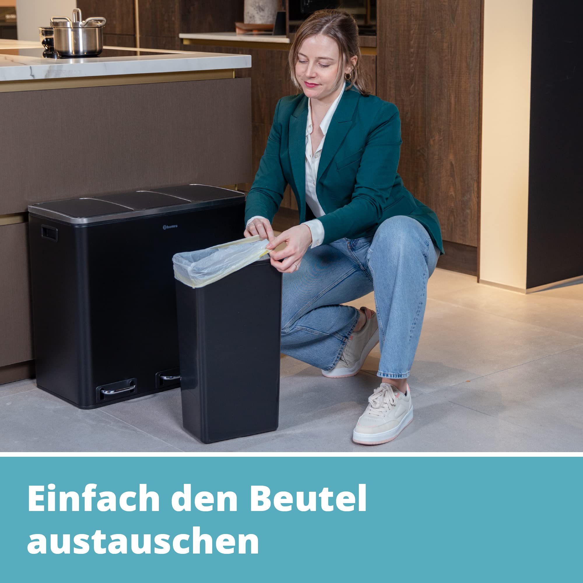 Homra Mülleimer Küche 3 Fächer Sparq 54l | Mülltrennsystem 3Fach | Edelstahl Treteimer 3x18 Liter | Trennsystem 3 Inneneimern | Abfall & Recycling | Abfalleimer Tretmülleimer Softclose | Schwarz