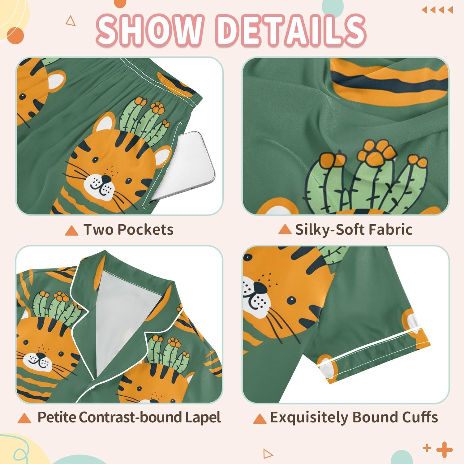 Kids Casual Satin Wear Set Cartoon Simple Cactus Cute Tiger Face Unisex Short Sleeve Clothing for Relaxing