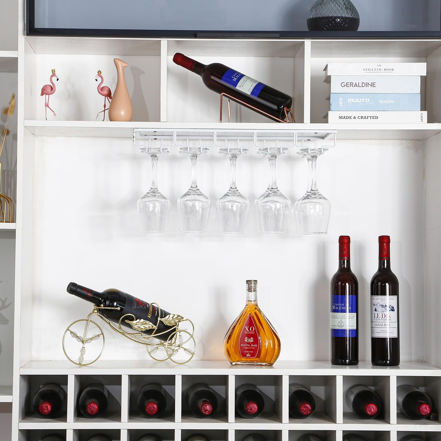 YunNasi Porta Bicchieri Sospesi Porta Calici Sottopensile Portacalici Sottomensola Appendi Calici da Vino Mantieni i Bicchieri Asciutti per Bar Ristorante Cucina, 2 Pezzi 5 Binari, Bianco