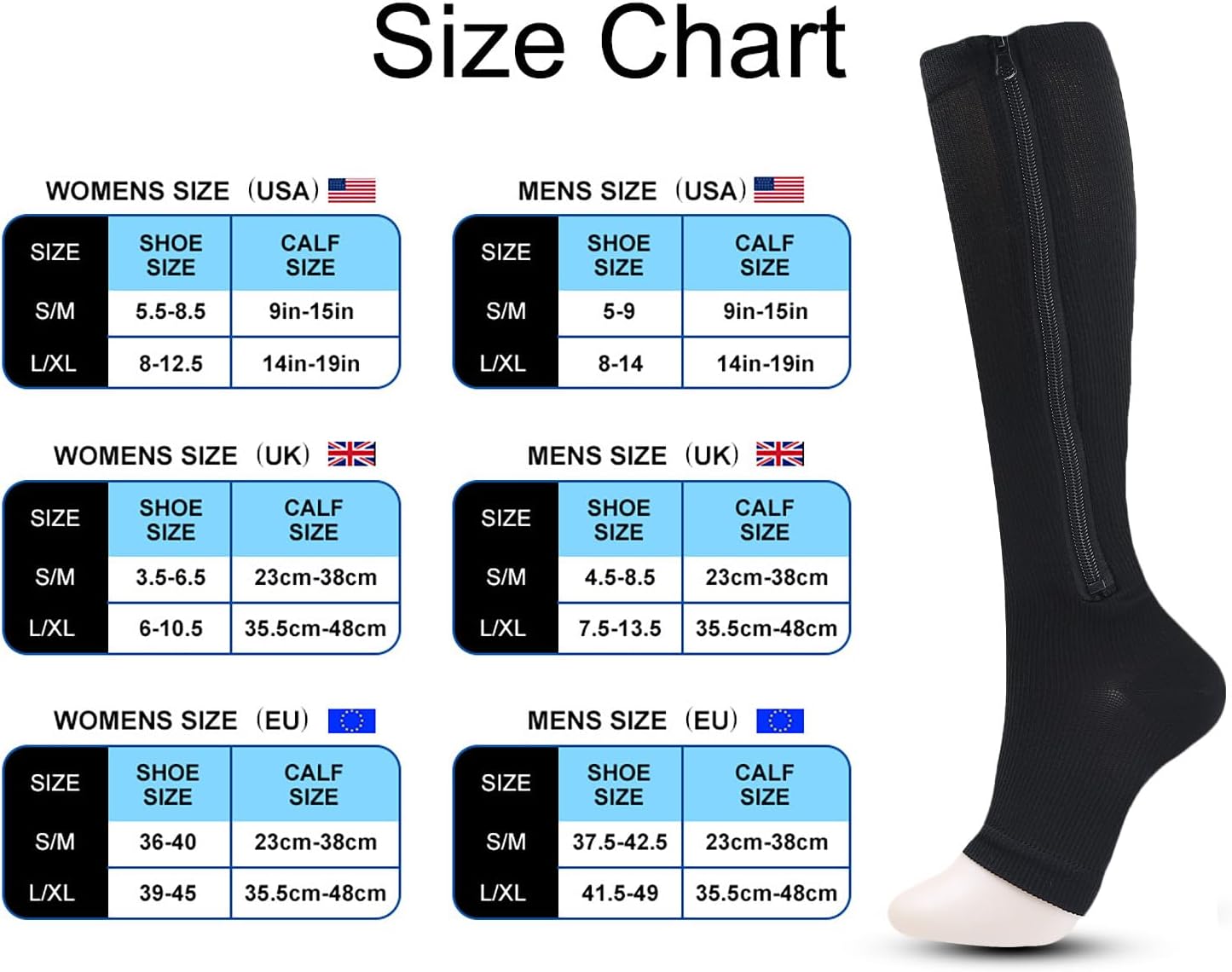 Athletic Zip Up Socks Long Calf Length Stretch Support Socks With Front Zipper Closure Graduated Compression