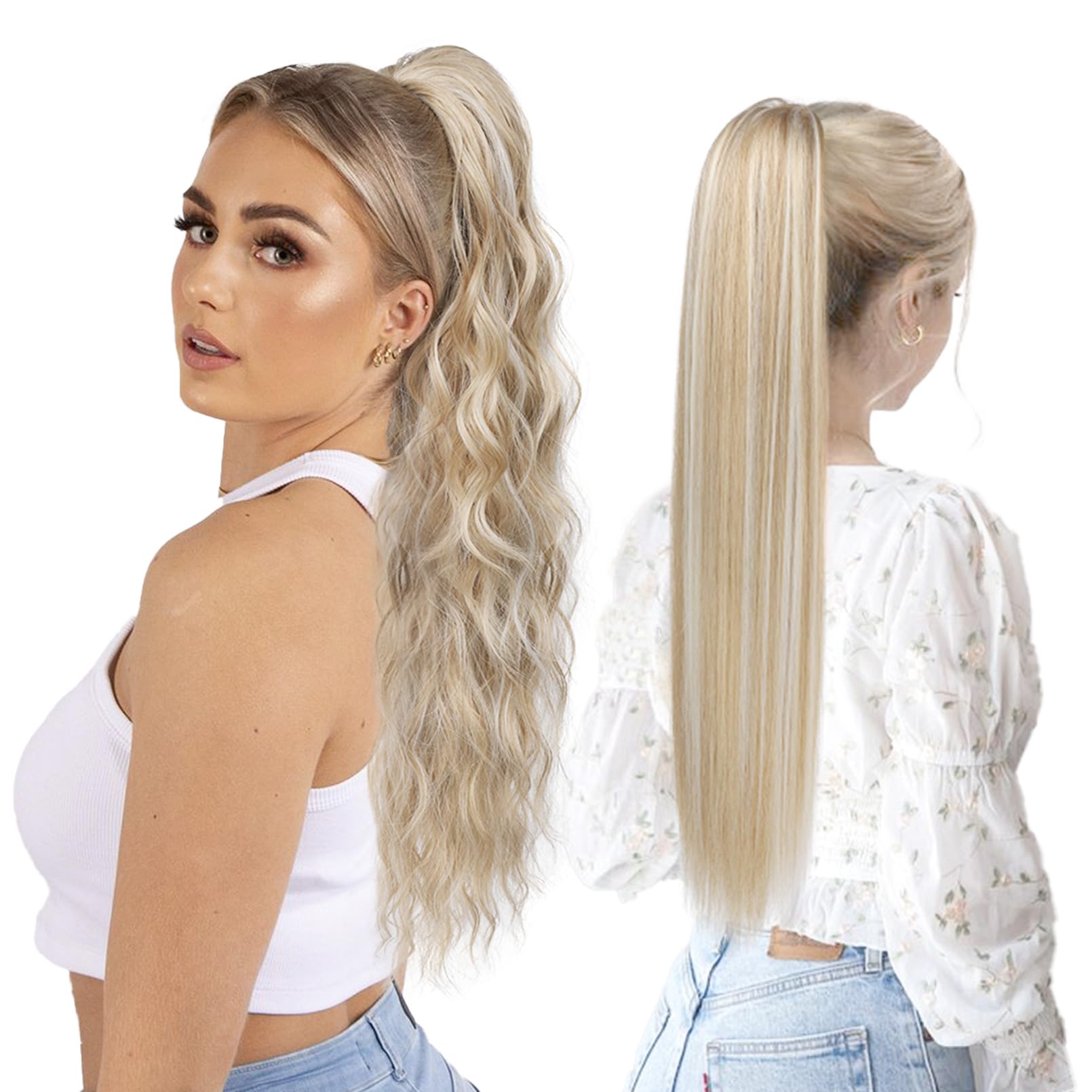 SEIKEA 2PCS Ponytail Extension, 26" Eva Long Wavy Multi-layered 28" Vida Straight Drawstring Ponytail Clip in Hair Extensions Ponytail Synthetic Hairpiece Medium Blonde White Blonde Highlights