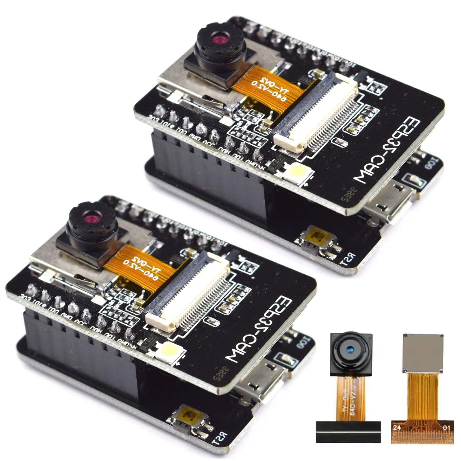 Lot de 2 cartes de développement ESP32 CAM WiFi Bluetooth : ESP32 CAM avec module de carte TF 2640 & 7670, module de caméra ESP32-CAM-MB 2640, module de caméra WiFi Bluetooth, compatible