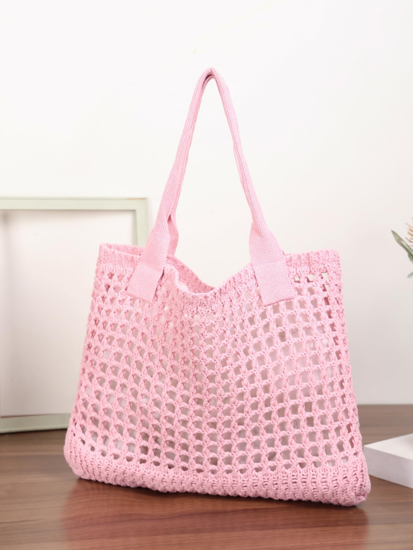 ENBEI Women's Beach Tote Bag, Crocheted Knit Hollow Design, Stylish & Spacious Tote for Beach,Travel,and Everyday Use,Cute Aesthetic Summer Handbag (Pink)