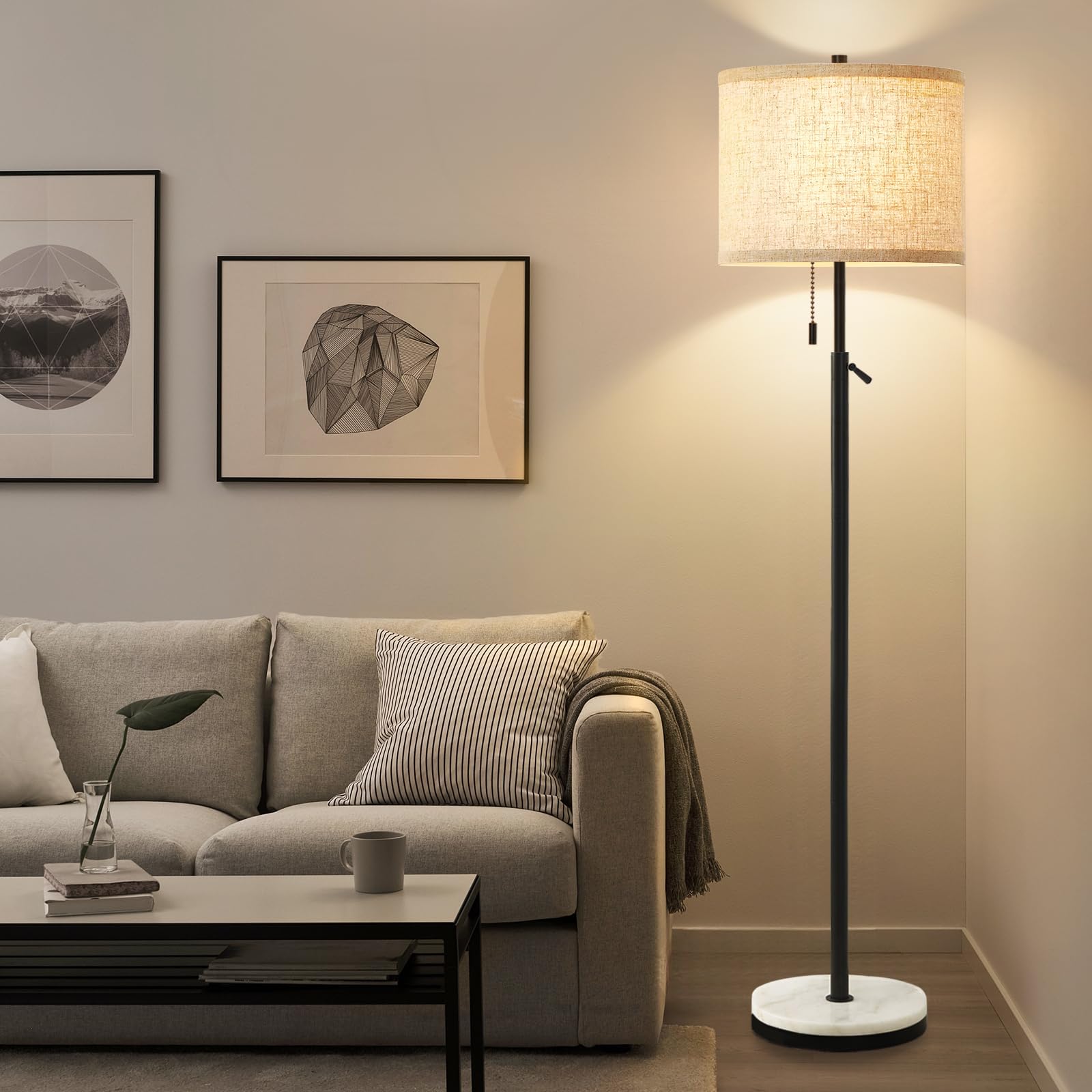GyroVu Marble Floor Lamp, Adjustable Height Standing Lamp with Marble Base Tall Lamp with Pull Chain Switch Floor Lamps for Living Room, Bedroom & Office Bulbs Not Included(Black)