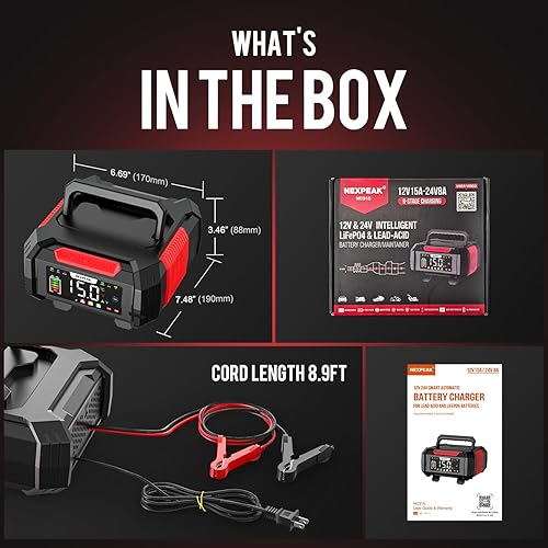 Miniatura 9 de NEXPEAK Cargador de batería de 15 A, cargador de goteo de 12 V24 V, cargador de batería inteligente LiFePO4 de 9 etapas con protección contra