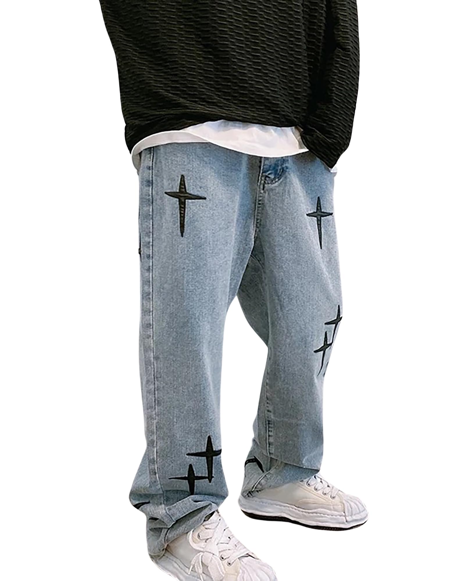 Men's Hip Hop Street Baggy Mid Waist Embroidery Cross Straight Wide Leg Loose Jeans