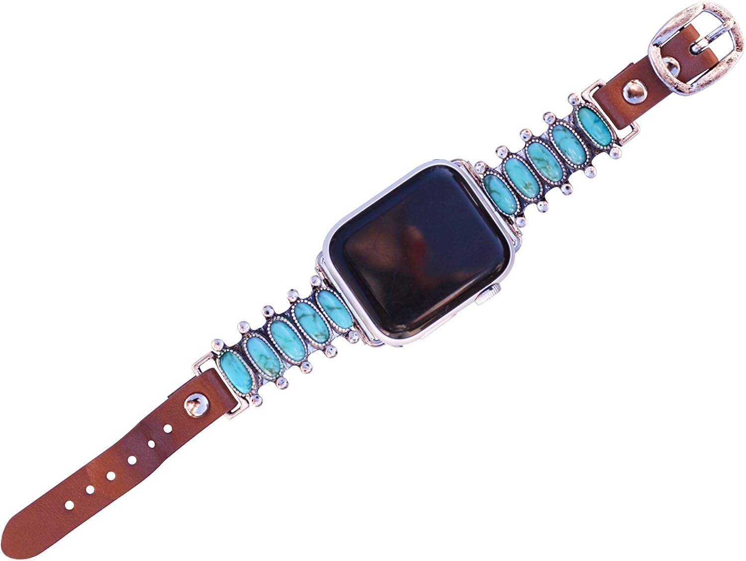 38mm, 40mm, 41mm compatible for Apple Watch Series 8,7,6,5,4, and SE Small Versions, Western Shape Faux Turquoise, Genuine Leather Band No. 68T - Image 2