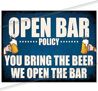 Metal Signs - OPEN BAR POLICY Logo. Man Cave Tin Metal Sign Hanging Wall Plaque Kitchen Shed Garage. Medium (20cm x 15cm)