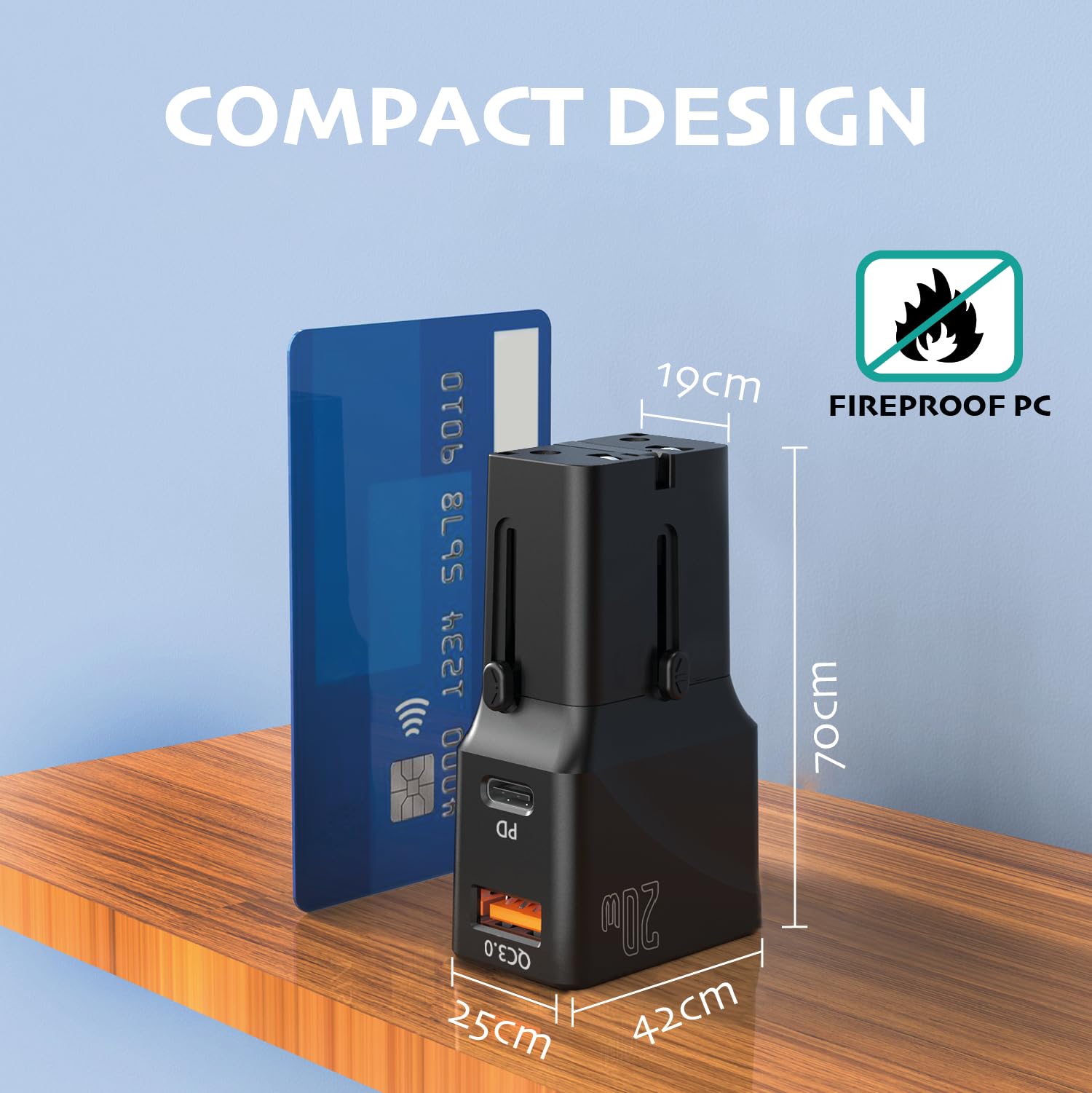 Travell Wall Charger - uniwersalny adapter podróżny z gniazdem USB-C i USB-A, idealny adapter podróżny, kompatybilny z gniazdami w 200 krajach USA, UE, UK, AU, moc do 20W