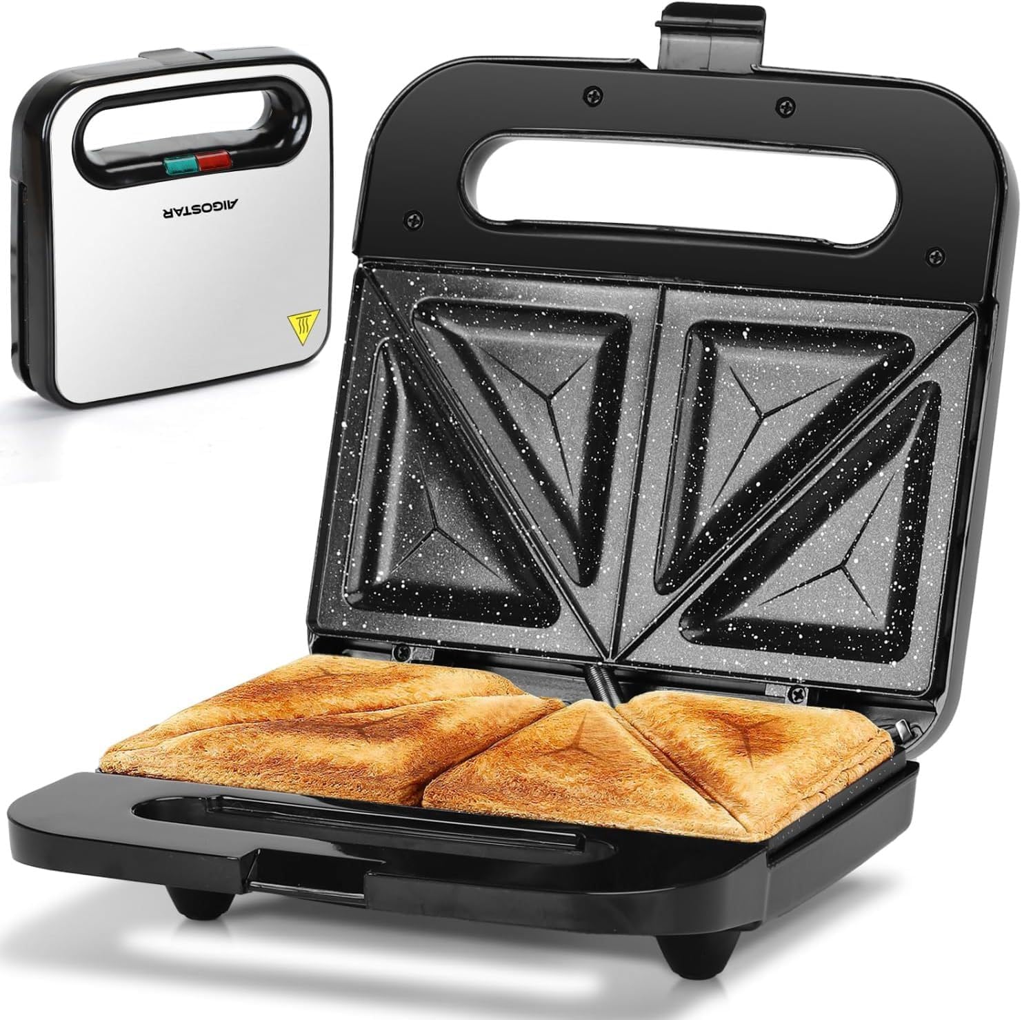 Aigostar Sandwich Maker with Super Nonstick Ceramic Plates, Panini Press Sandwich Toaster Breakfast Electric Grilled Cheese Maker Machine Tuna Melt Omelets Snacks, Tostadora de Pan Stainless Steel - Amazon product rated Grade B