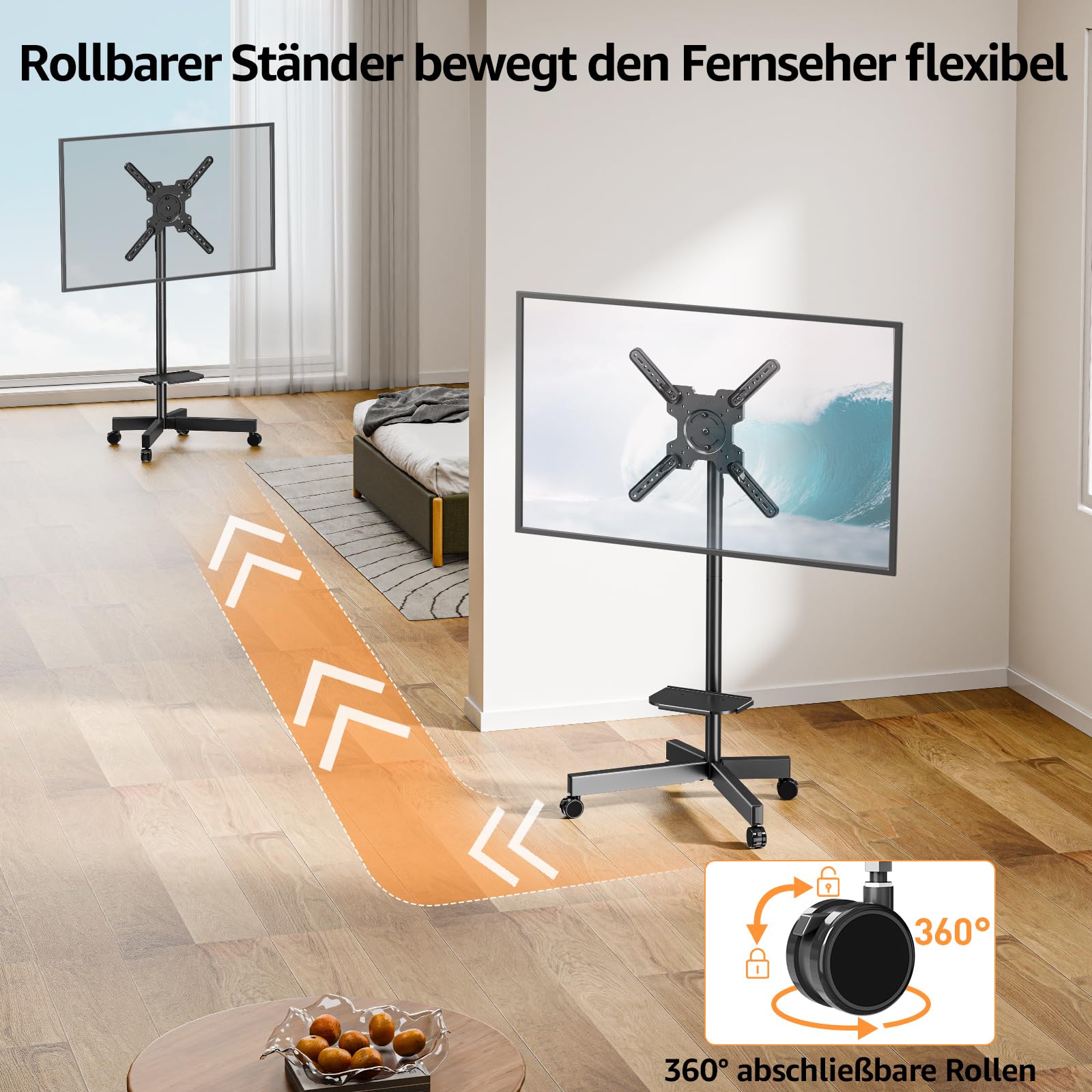 ELIVED TV Ständer Rollbar für 23-60'' TVs bis zu 35kg Max VESA 400x400mm | TV Standfuss mit Rollen Höhenverstellbar 90° Drehung Bodenständer EV2114B