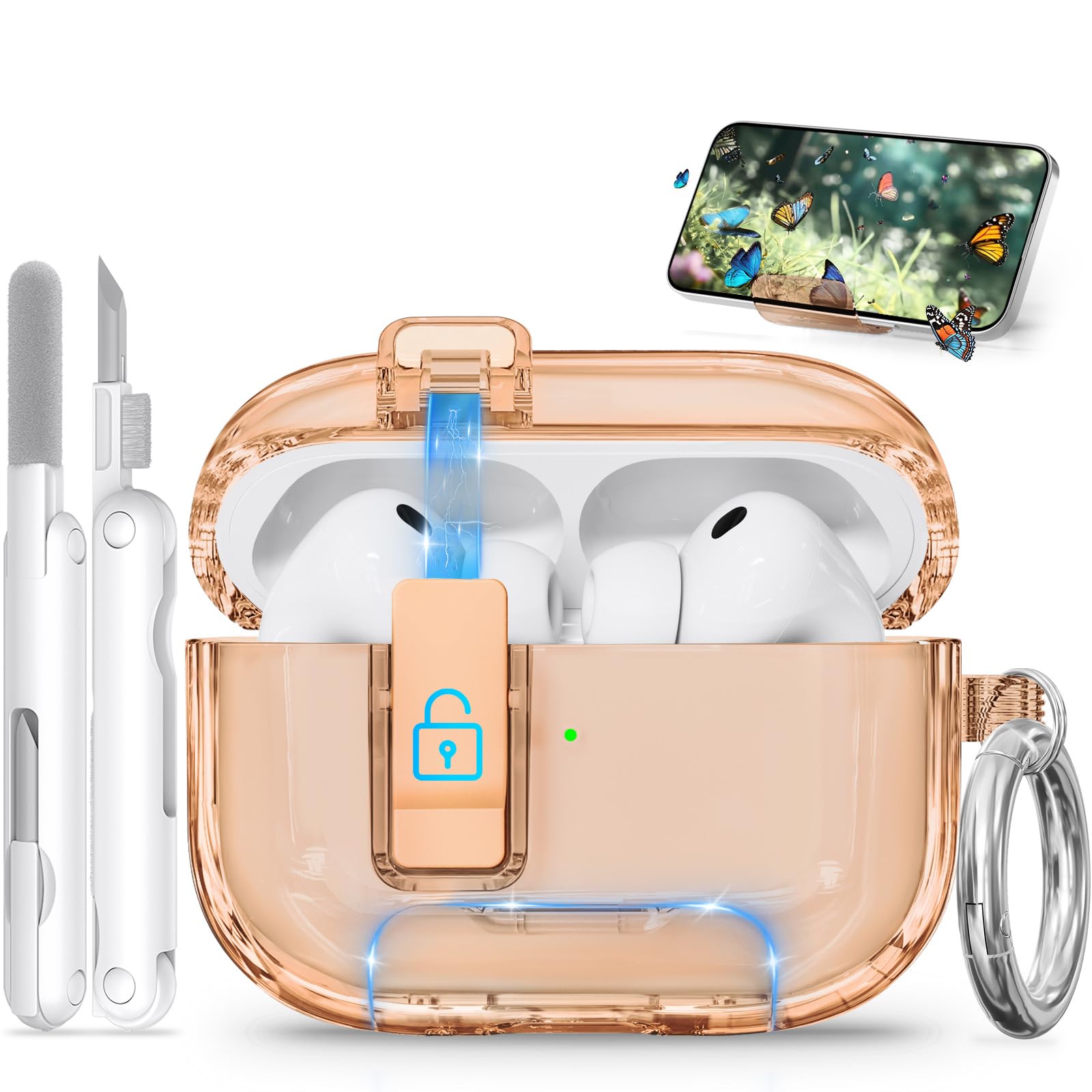 for AirPods Pro 3 Case 2025 with Phone Stand &amp; Secure Lock, Auto-Open Clear Case Cover Compatible with Apple AirPods Pro 3rd Generation with Cleaning Kit &amp; Keychain