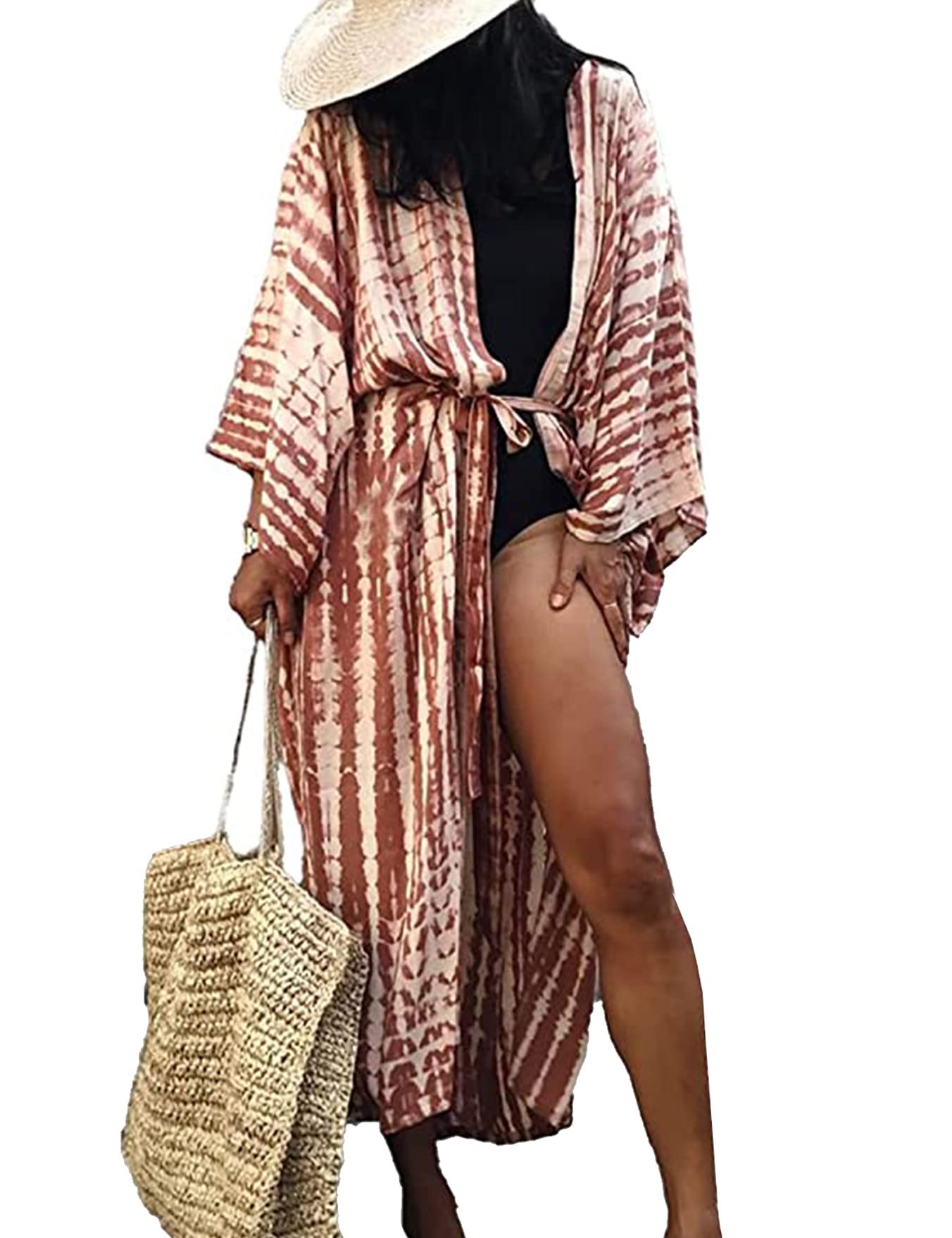 HYUET Mujer Kaftan Vestido de Playa Tie Dye Algodón Cárdigan Maxi Kimono Pareos y Camisola Camisas Playa Bohemia Boho Suelto Verano Traje de Baño Bikini Cover Up Talla Grande Elegante
