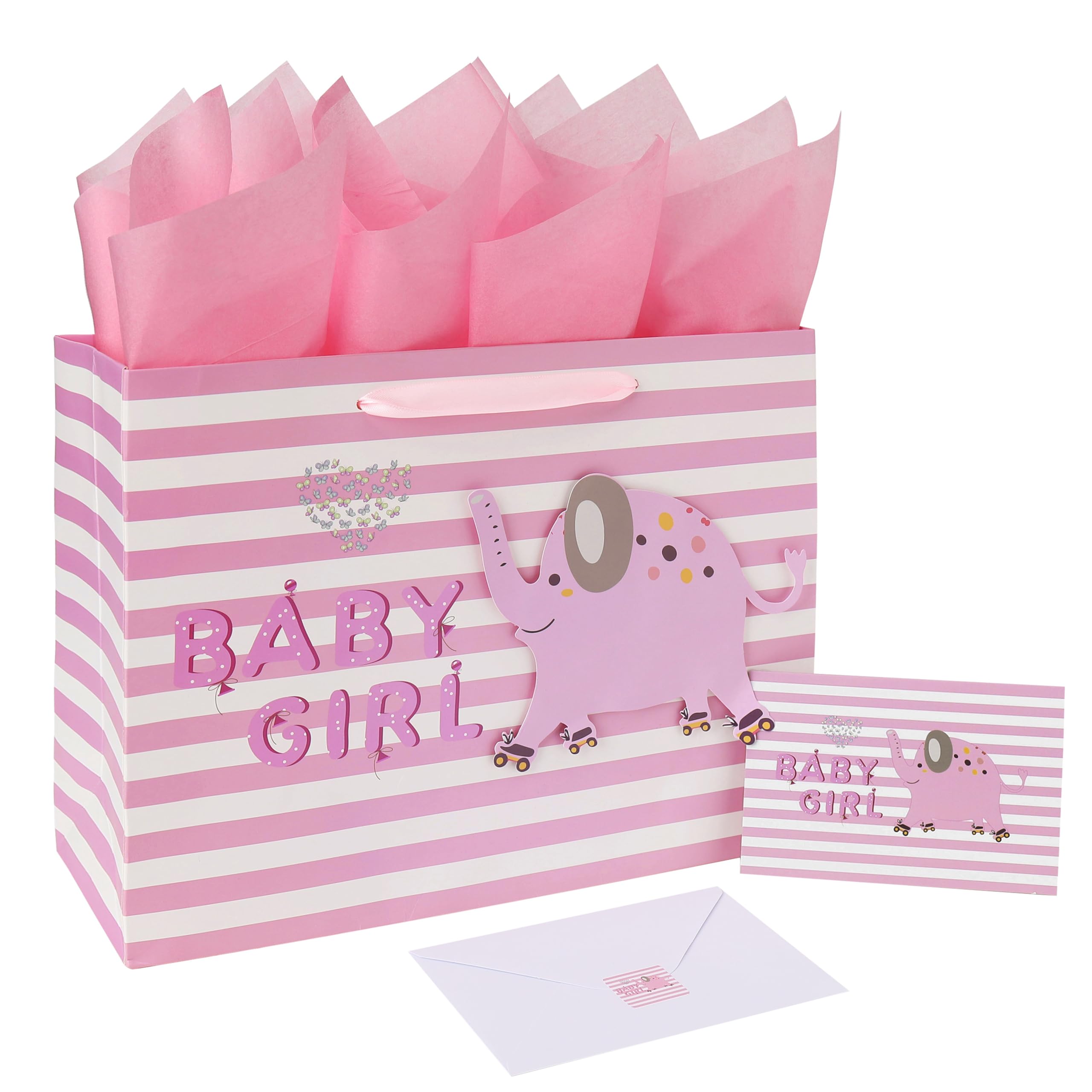 wishinside 13" Large Pink Gift Bag Set with Greeting Card and Tissue Paper(3D elephant) for Baby Girl,Baby Shower,Kids Birthday Party,Newborn,New Moms or Parents-13” x 5.2” x 10.2”, 1 Pcs.
