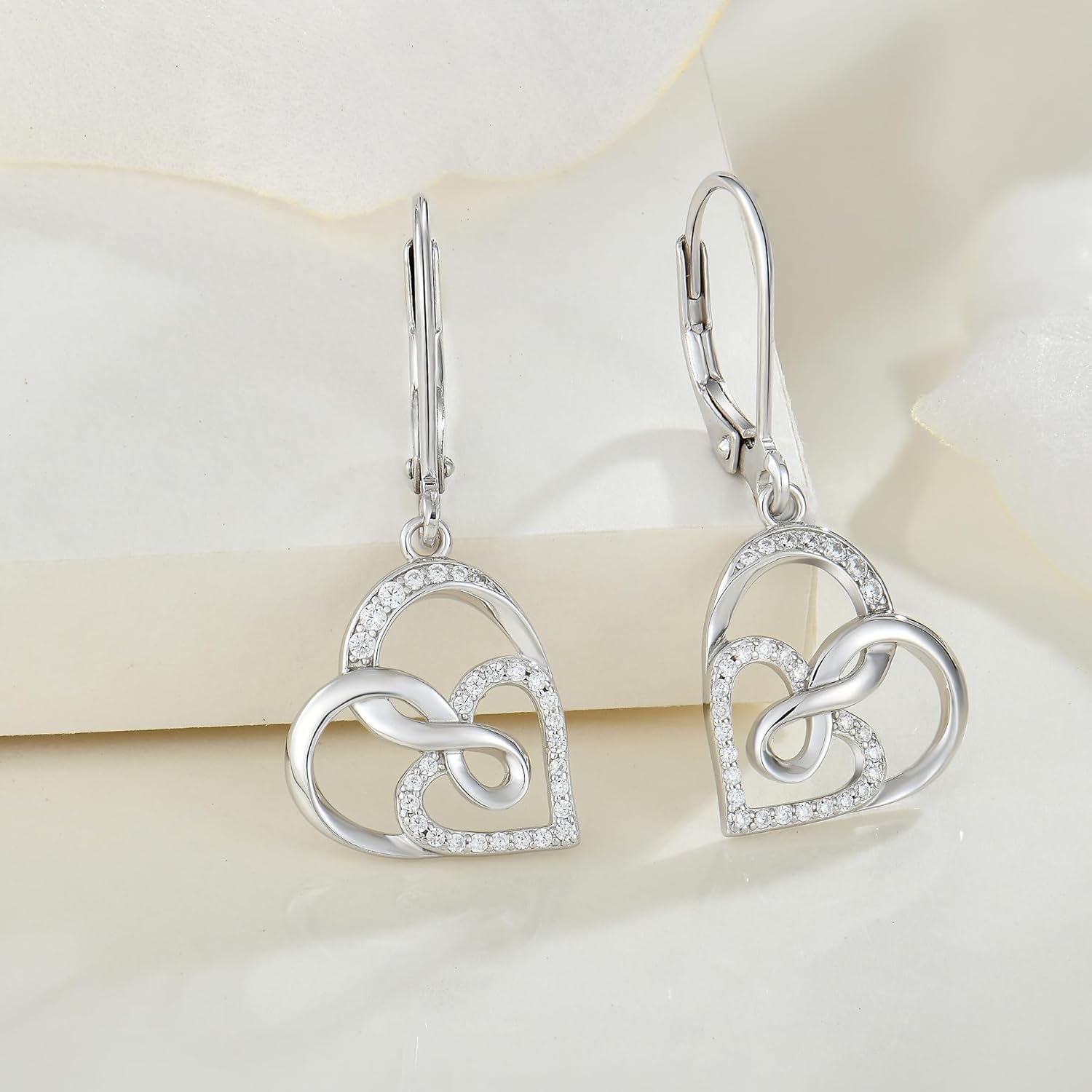 Christmas Double Heart Earrings 925 Sterling Silver Infinity Leverback Dangle Drop Earrings Cubic Zirconia For Women Anniversary Jewelry Gift - Image 2