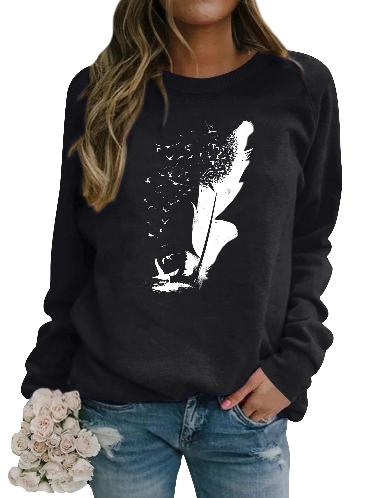 Dresswel Pullover Damen Feder Drucken Sweatshirt Langarmshirt Rundhals Langarm Shirts Herbst Winter Pulli Tops Oberteile Bluse(Schwarz,XL)